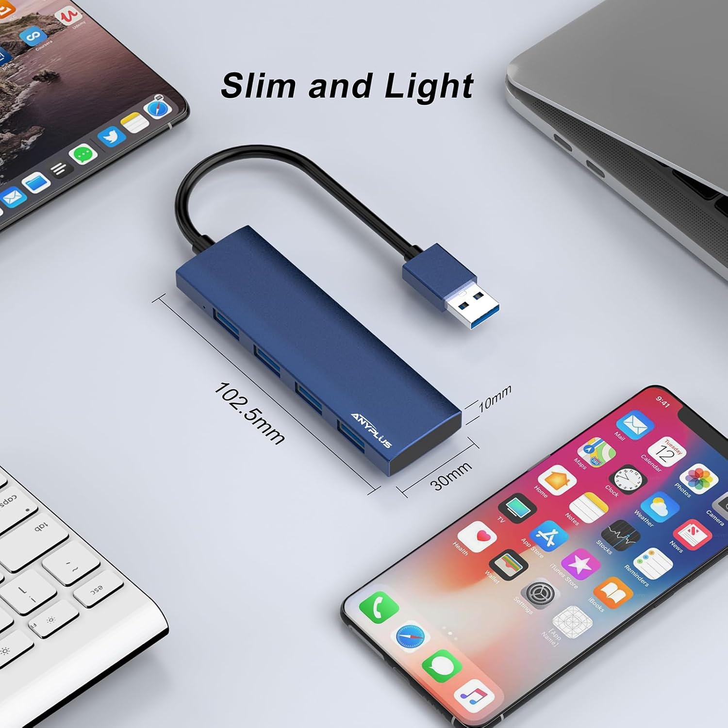 ANYPLUS USB Hub dimensions showing its slim and light profile