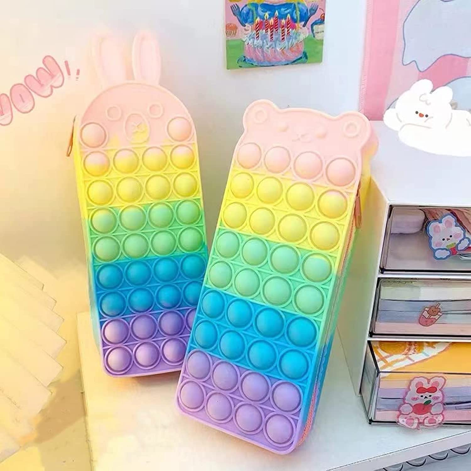 Julie Push Pop Bubbles Fidget Pencil Case,Stress Reliever Silicone Stress Reliever Toy,Cartoon Character Rabbit Pencil Box，Squeeze Sensory Toy