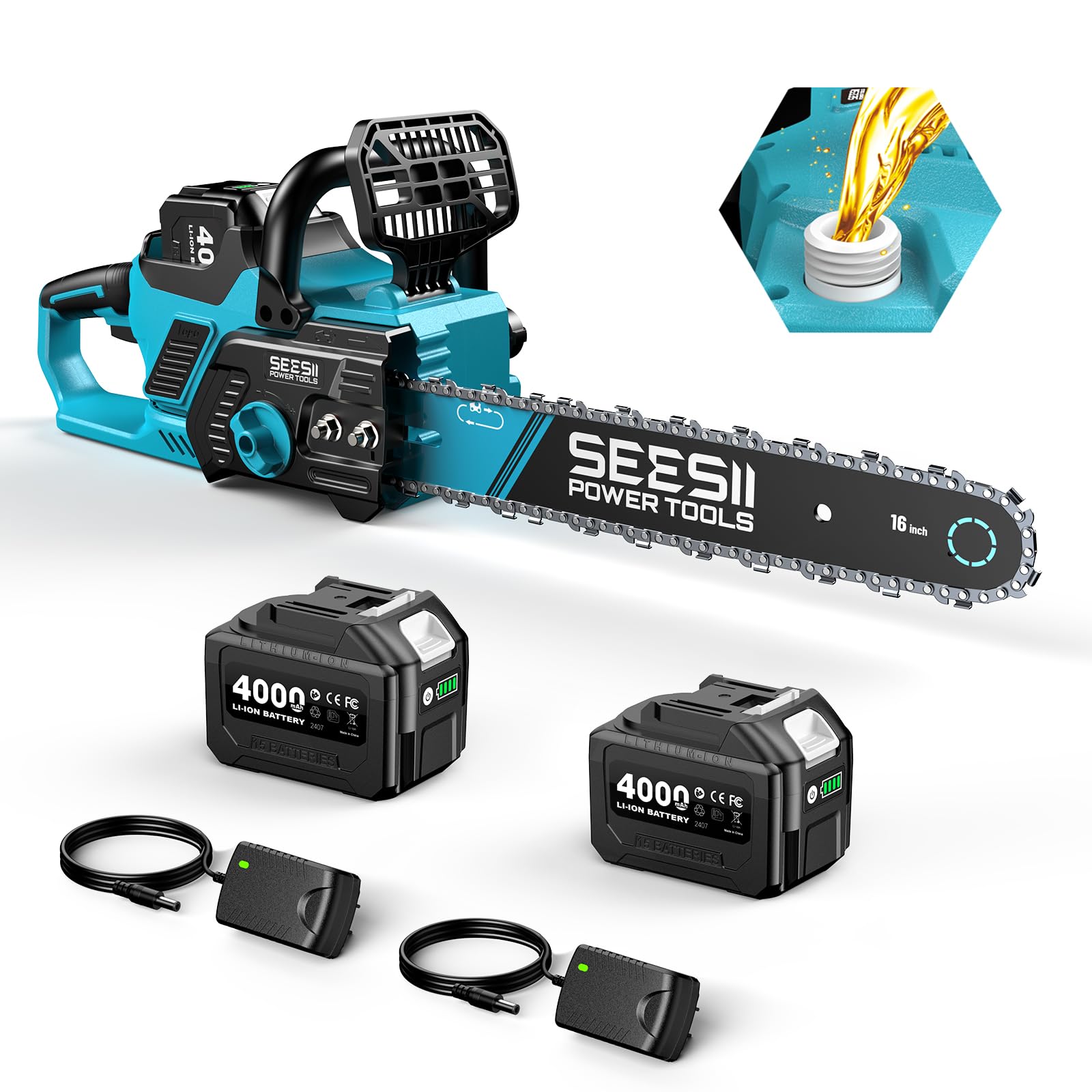 SEESII 40V 16-Inch Cordless Chainsaw: Brushless Electric Chain Saws with 2×4.0Ah Batteries & Charger, Tool-Free Chain Tension, Auto Oiling, for Tree Trimming, Wood Cutting, Yard Work