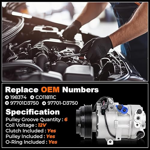 Miniatura 3 de Conjunto de compresor de aire acondicionado 97701D3750 AC con embrague compatible con Hyundai Tucson 2.0L 2019 2020 2021, reemplazo para 198374,
