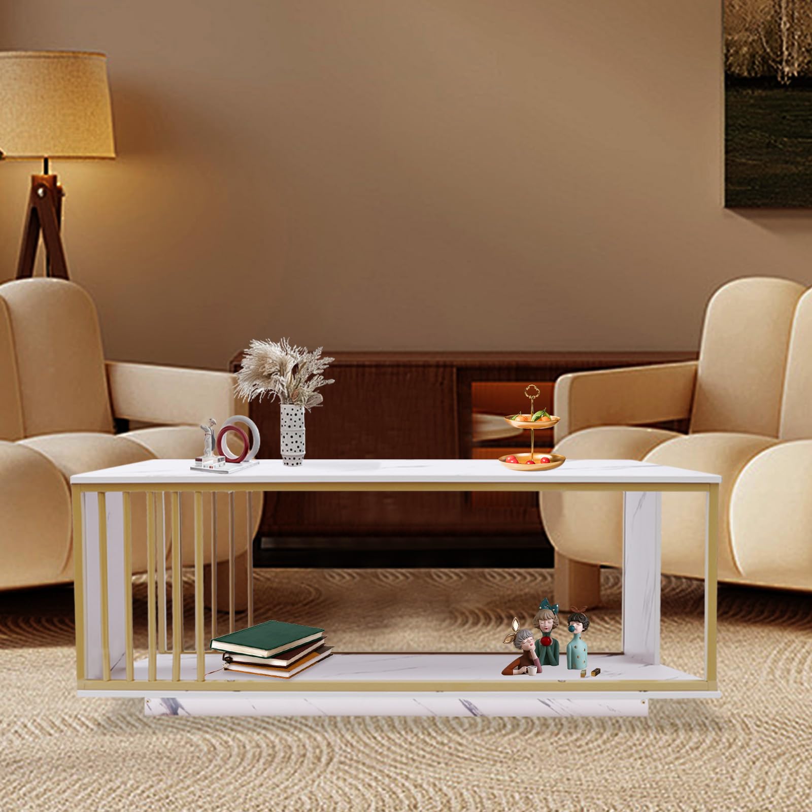 Faux Marble Coffee Table, 2-Tier Modern Faux Marble Accent Table, White Marble Coffee Table, Modern Gold Rectangular Coffee Table with Faux Marble Top for Living Room, Bedroom