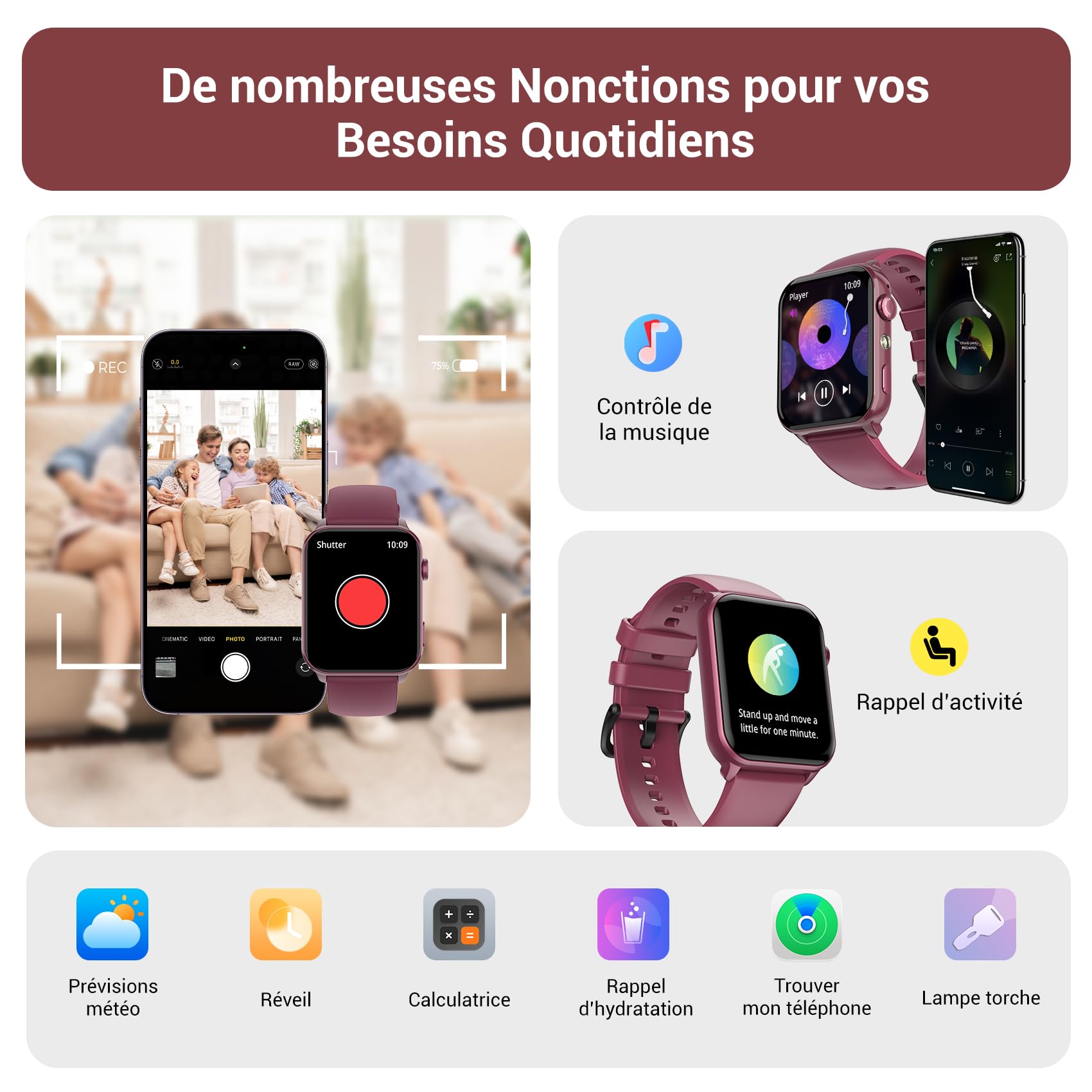 IOWODO Montre Connectée Femme, Appel Bluetooth, Écran 1.85" à LCD, Notifications Réseaux Sociaux, Cardiofréquence/Oxymètre/Analyse Sommeil, 100+ Modes Sports, pour Android& iOS(Violete)