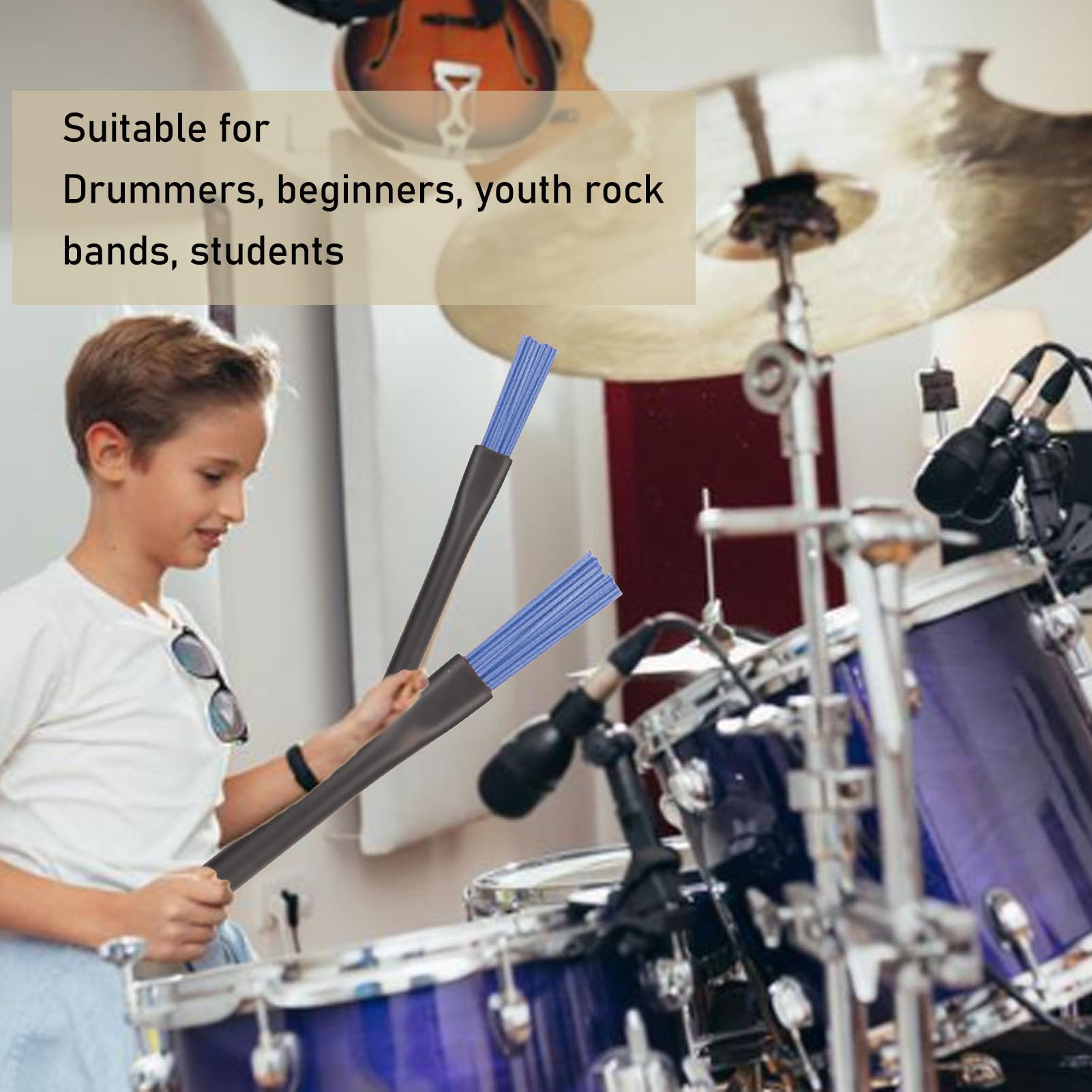 Cyrank Retractable Drum Brushes, 2pcs Professional Nylon Drum Brushes Set Heavy Nylon Brush Telescopic Percussion Brushes Drumsticks Sticks(Blue)