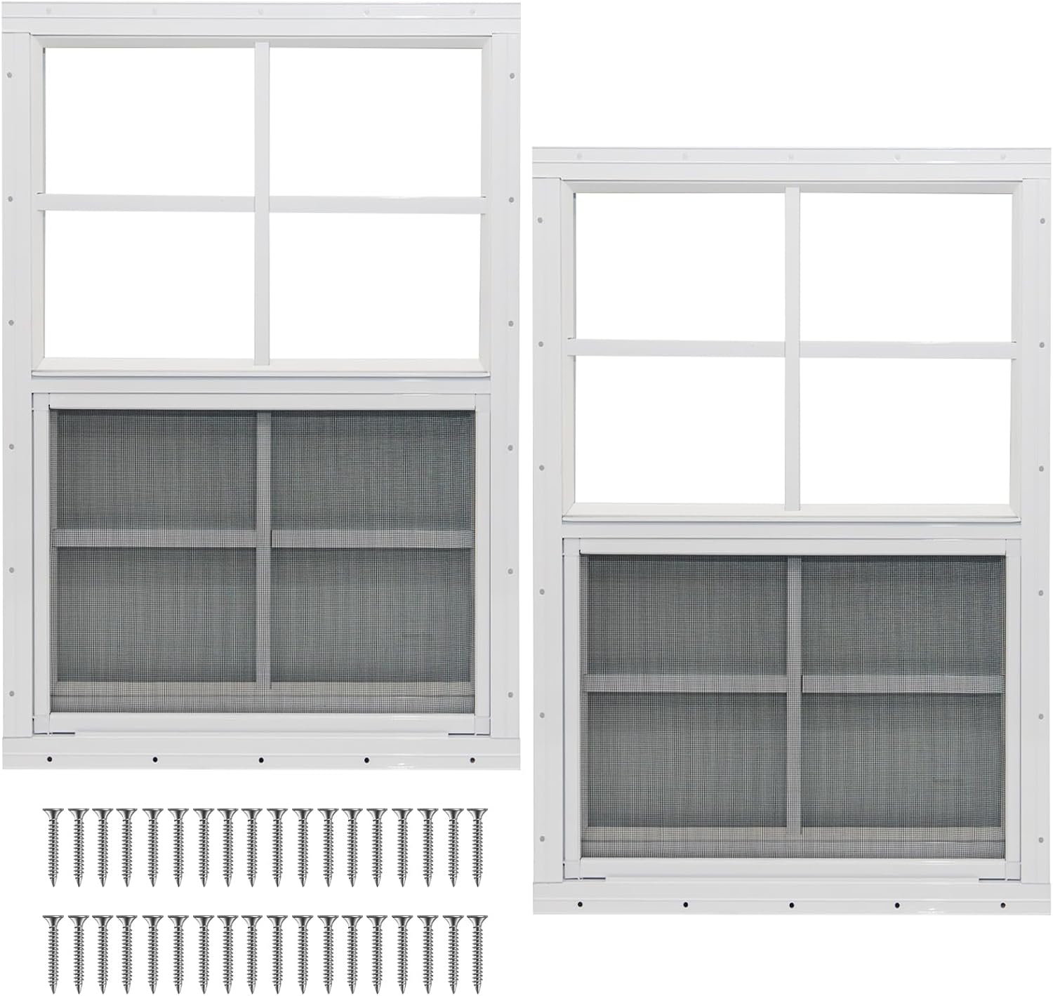 Yuzzy Shed Windows 2 Pack, Chicken Coop Windows 24" x 30" with Tempered Glass and Fiberglass Screen, Flush Mounted Small Window for Shed, Barns, Playhouse, Household, Garage (White)