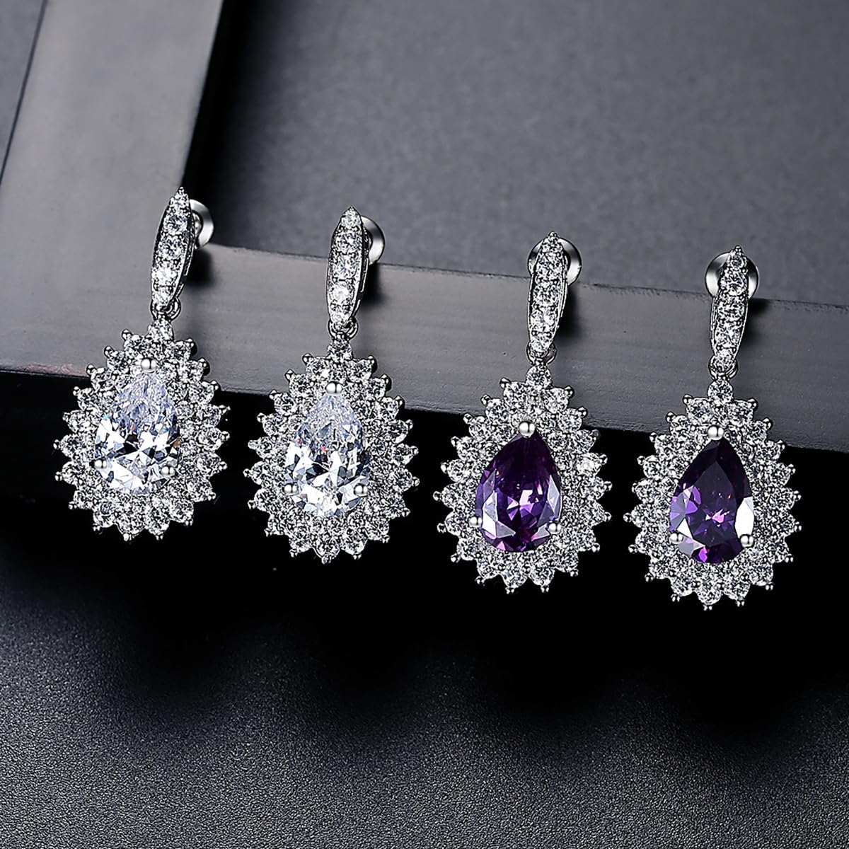 14K Gold Vintage Teardrop Amethyst Moissanite Drop Earrings, February Birthstone Earrings for Women