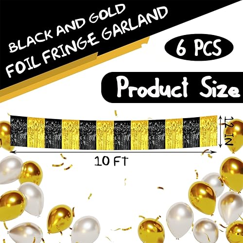 Miniatura 2 de Paquete de 6 guirnaldas de flecos de papel de aluminio negro y dorado de 10 pies, serpentinas metálicas de oropel, pancarta, cortina colgante de