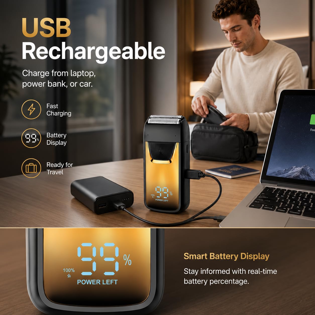 Mini Rasoio Elettrico Portatile con Display LED, Rasoio USB Ricaricabile per Uomo, Rasatura Wet & Dry, Rasoio da Viaggio Compatto, Regolabarba a Lamina (Gold)