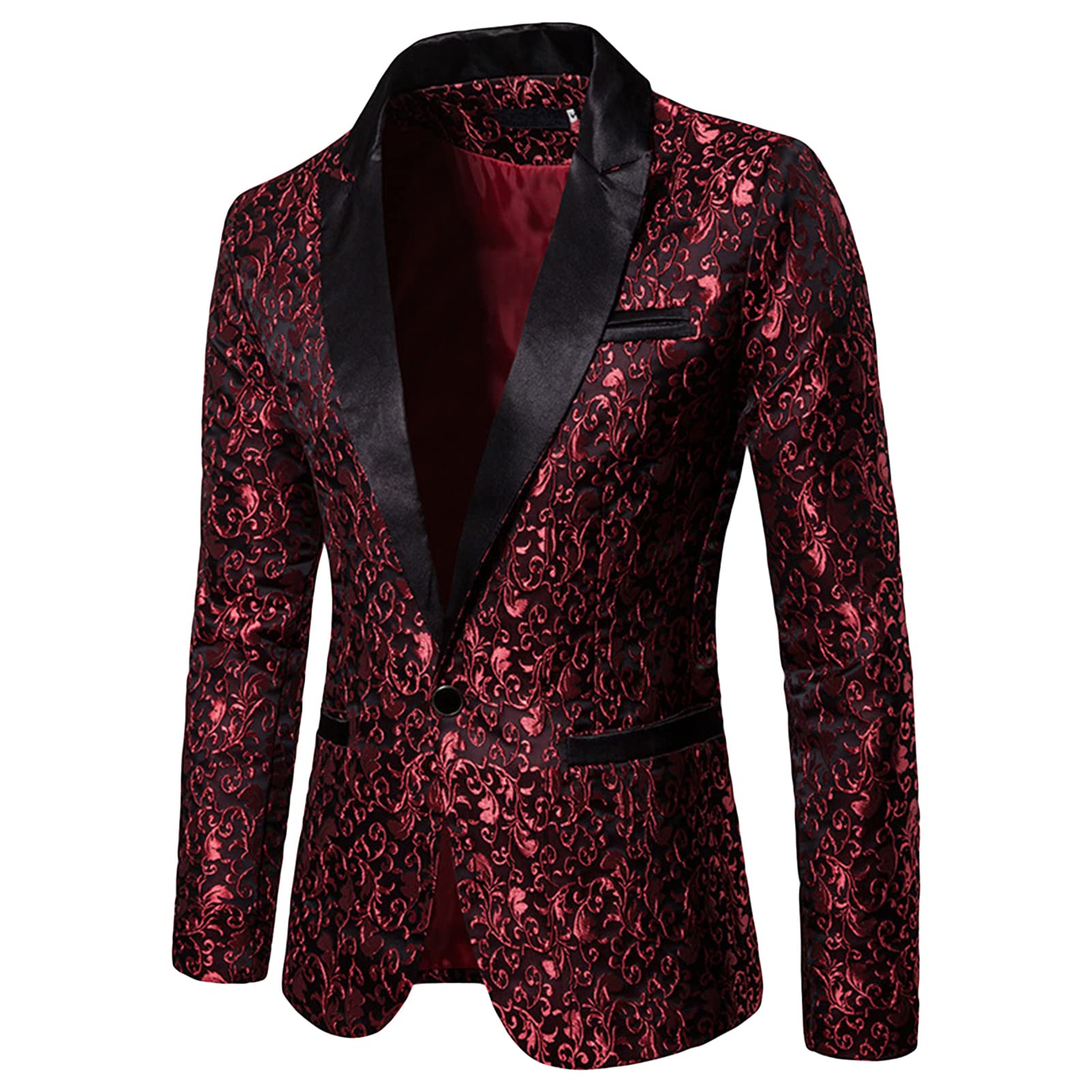 Men's Floral Jacquard Suit Jacket One Button Stylish Print Tux Blazer Notched Lapel Wedding Dinner Dress Tuxedo (Red,XX-Large)