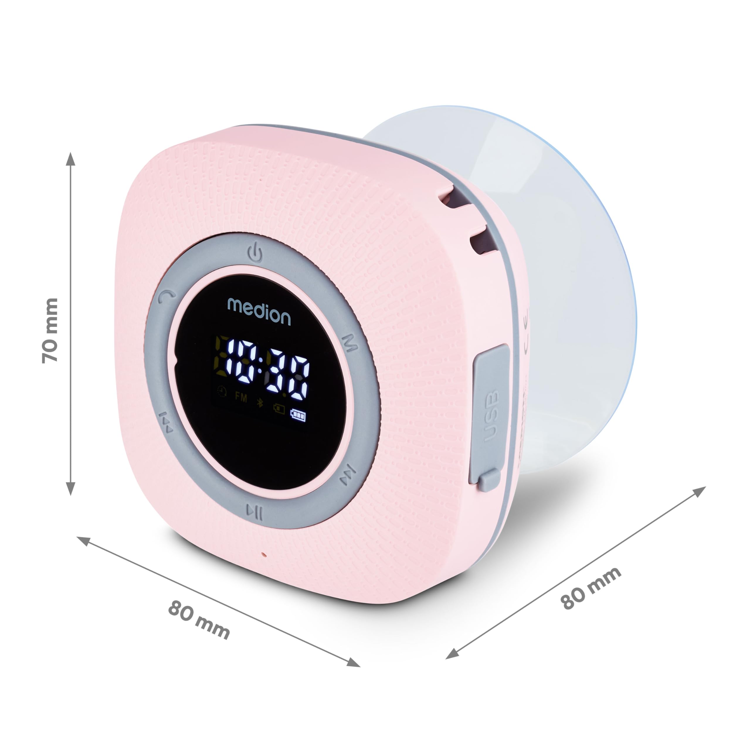 MEDION P66096 Radio de Ducha con Bluetooth (Radio de baño, Radio FM, Ventosa, Pantalla LED, Impermeable IPX6, batería Recargable integrada, MD43884) Rosa