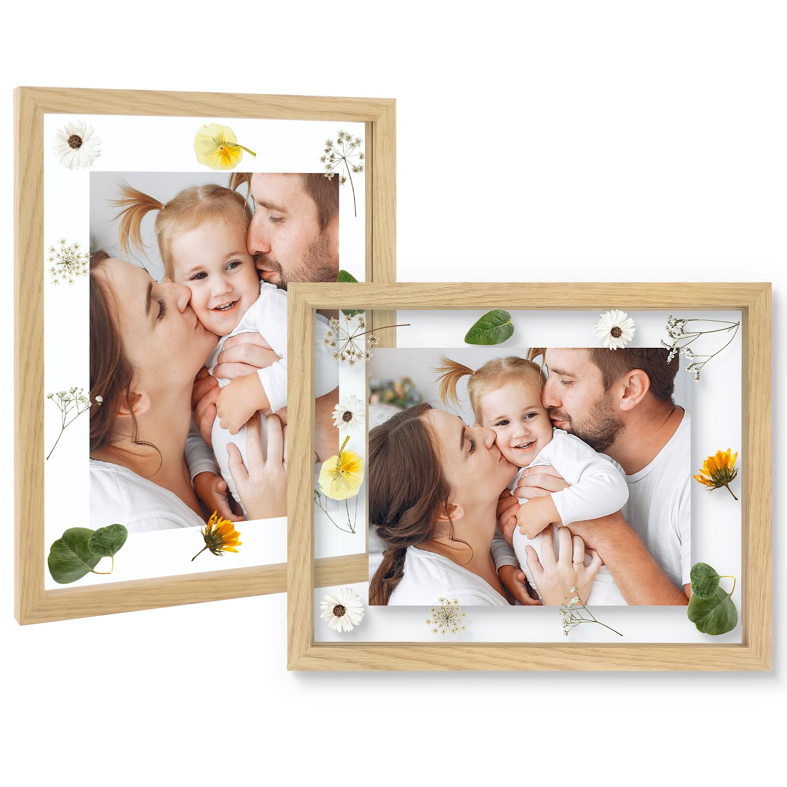 11x14 Floating Frame - Solid Wood for Pressed Flower - Real Glass of Front - Use as 8x10 or 5x7 Picture Frame - for Wall Mount Display (Natural Wood,