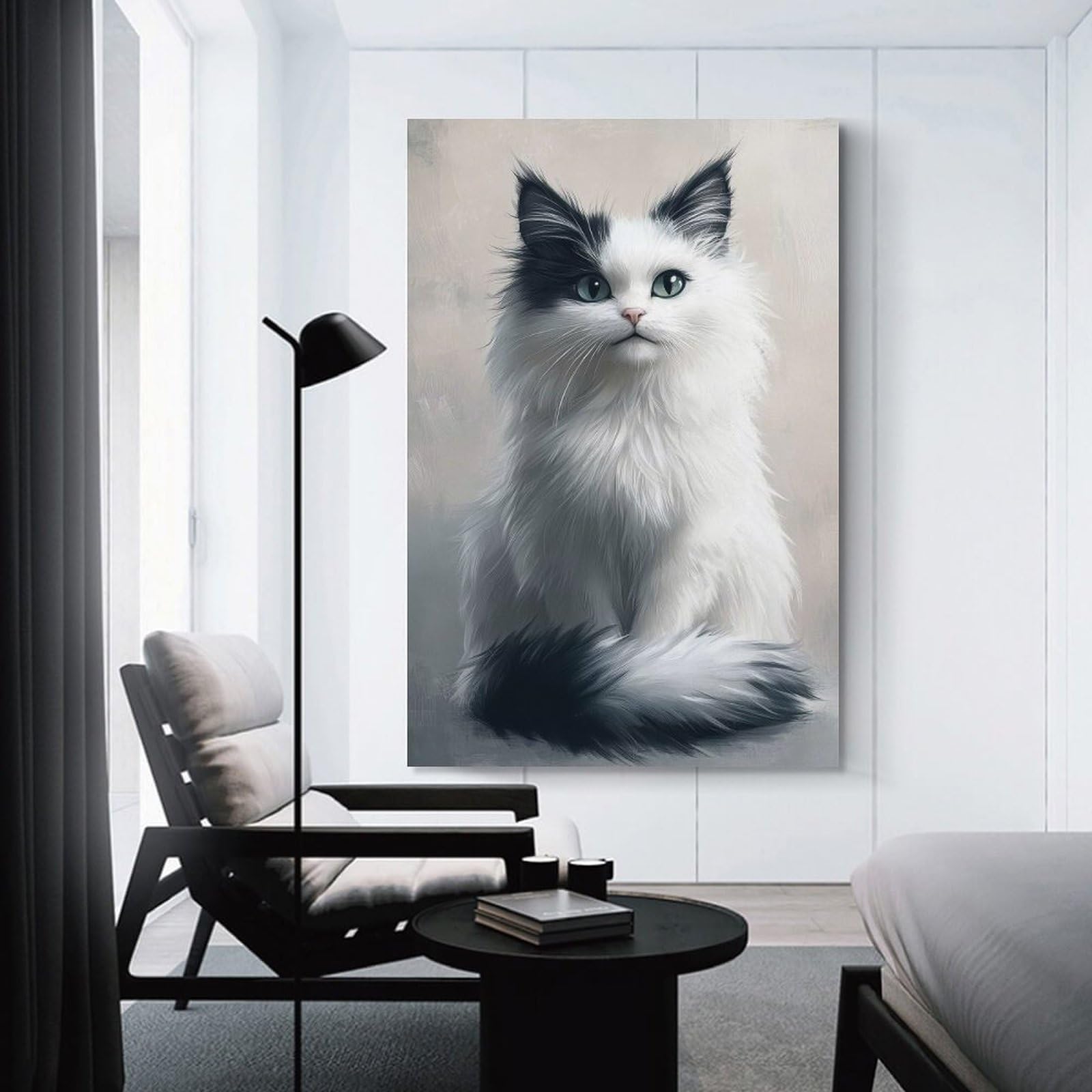 Junmoney Black And White Cat Portrait Canvas Art Print 24x36inch(60x90cm), for Feature Walls in Flats Or Modern Rooms, Ideal for Building A Coordinated Art Wall