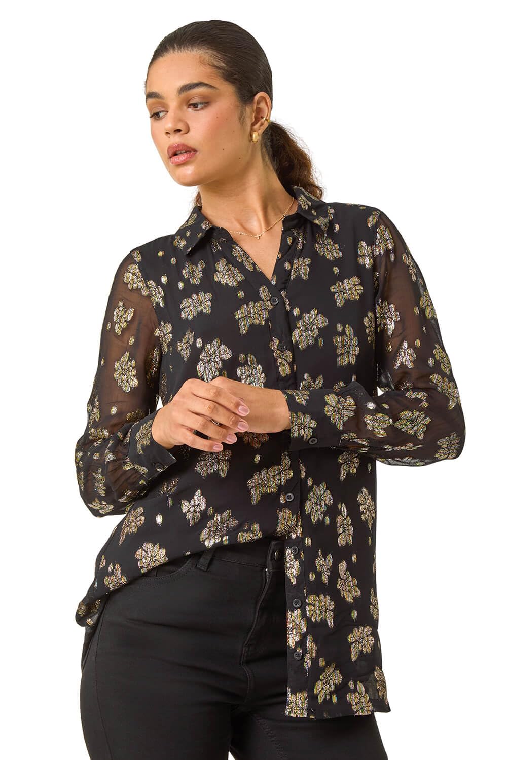 Roman Originals Women's Black Metallic Floral Print Blouse For Uk - Everyday Autumn Winter Shirt Collar Comfy Soft Evening Vacation Work Party Night Out - Size 12