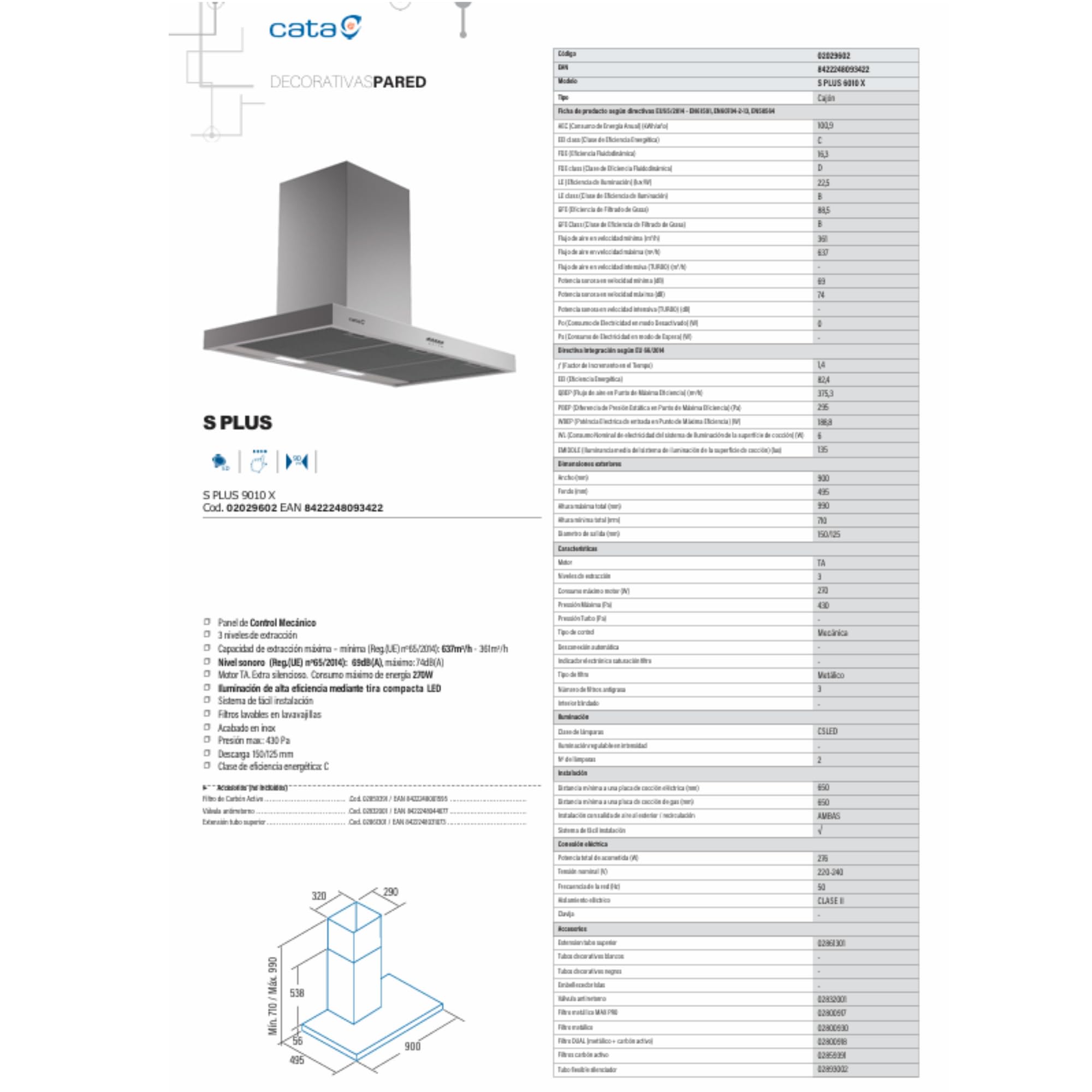 Cata S Plus 9010 X Campana Extractora Decorativa de Pared 90 cm, 637 m³/h, 3 Velocidades, Control Mecánico, Iluminación LED, Filtros Lavables, Motor 270 W, Acero Inoxidable