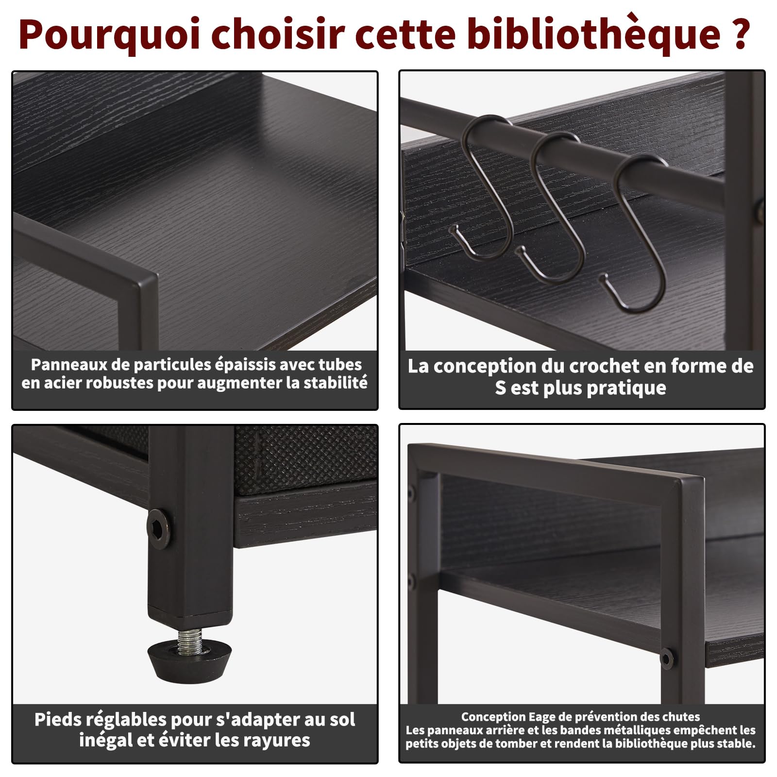 Aibiju Bibliothèque à 5 Niveaux avec Tiroir en Tissu, Étagère Échelle Industrielle, Bibliothèque Haute et Étroite avec Étagères pour Chambre à Coucher, Salon, Noir YD-BC001B