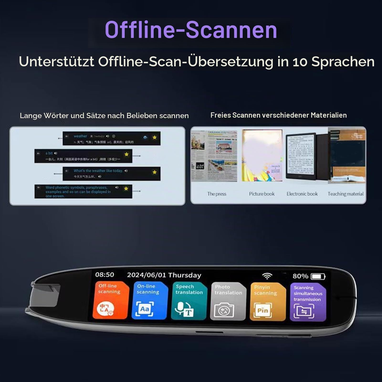 Übersetzerstift, 142 Sprachen Smart Voice Pen Scanner, LCD Touchscreen Text zu Sprache Gerät für Legasthenie, Digitaler Textmarker Stiftleser, Prüfungslesestift für Studenten