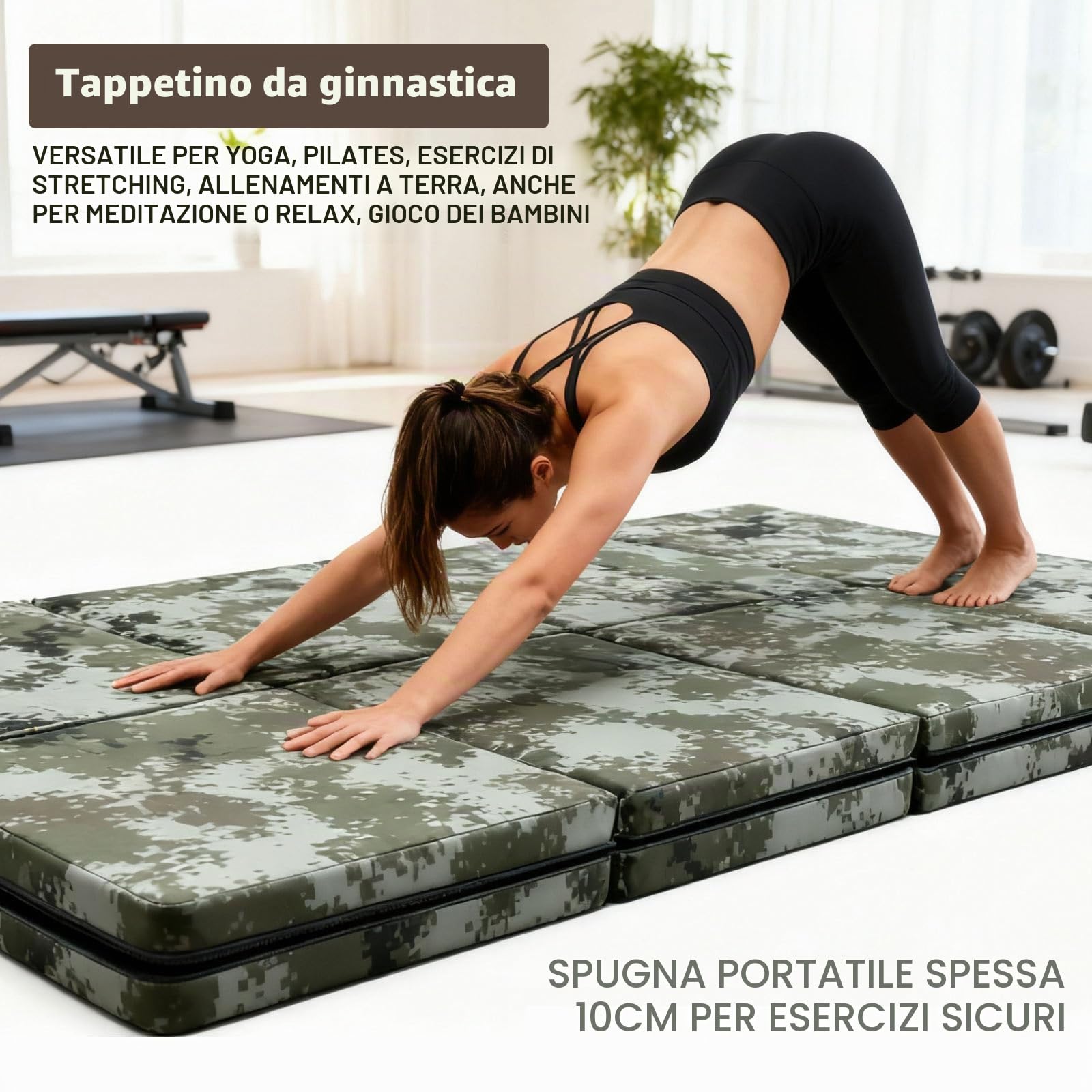 Tappetino da Sport 4-Fold 200x100x10cm, Tappetino Ginnastica Fitness Pieghevole, Antiscivolo Resistente, Schiuma Épaisse per Protezione Articolare, Casa e(Size:200*100*10cm/78*39*10in,Color:camuflage)