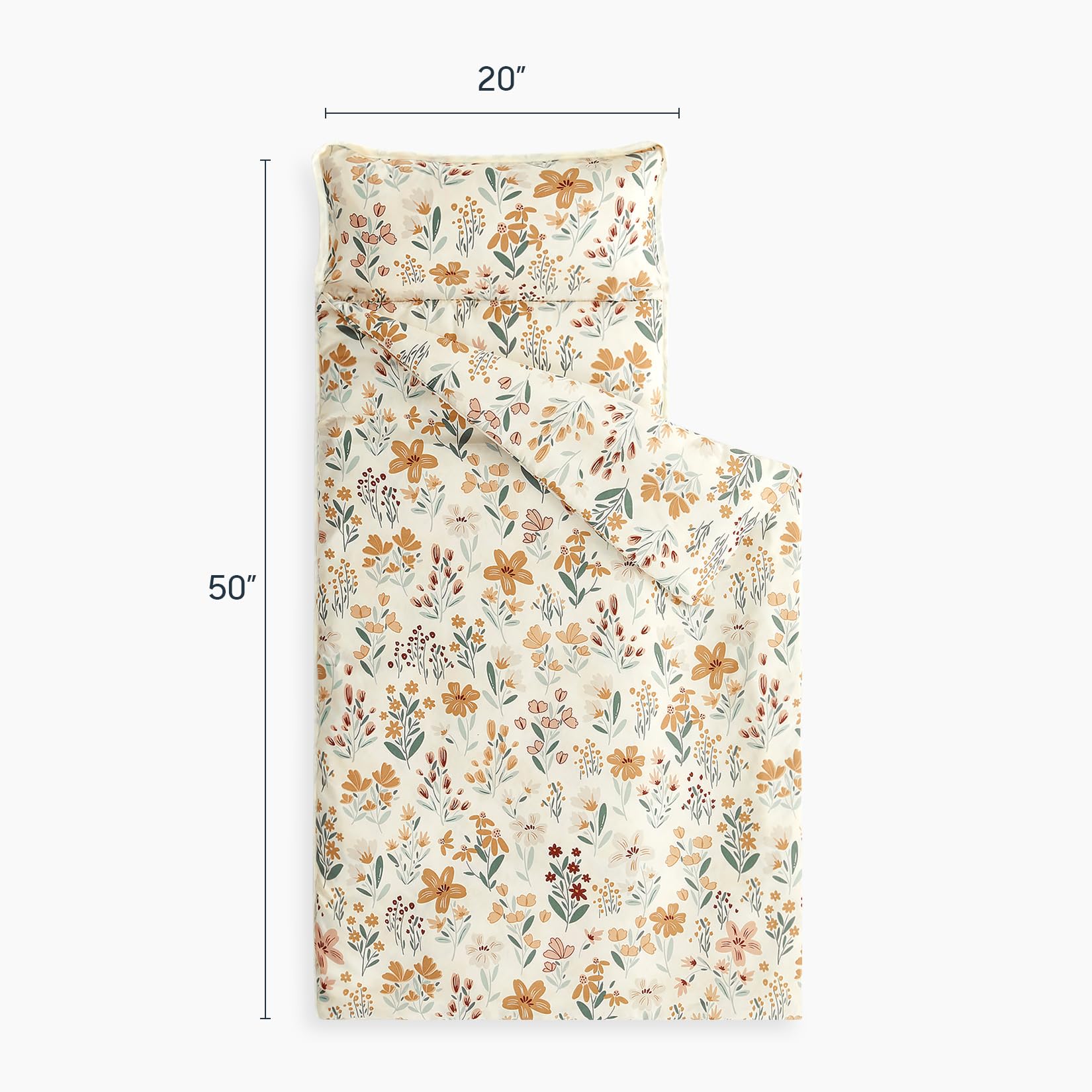 Wake In Cloud - Toddler Nap Mat with Pillow and Blanket, for Kids Girls in Kindergarten Daycare Preschool Pre K, Roll Up Sleeping Bag, Floral Botanical Flowers, Orange Cream, Standard