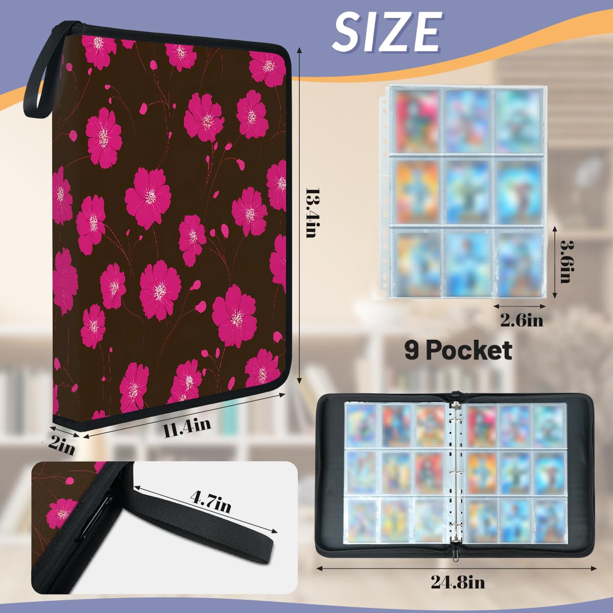Mexpekil Raccoglitore di carte rosa acceso con fiori primaverili, 9 tasche con 50 pagine a caricamento laterale, cartellina per 900 carte con cerniera, impermeabile, porta carte