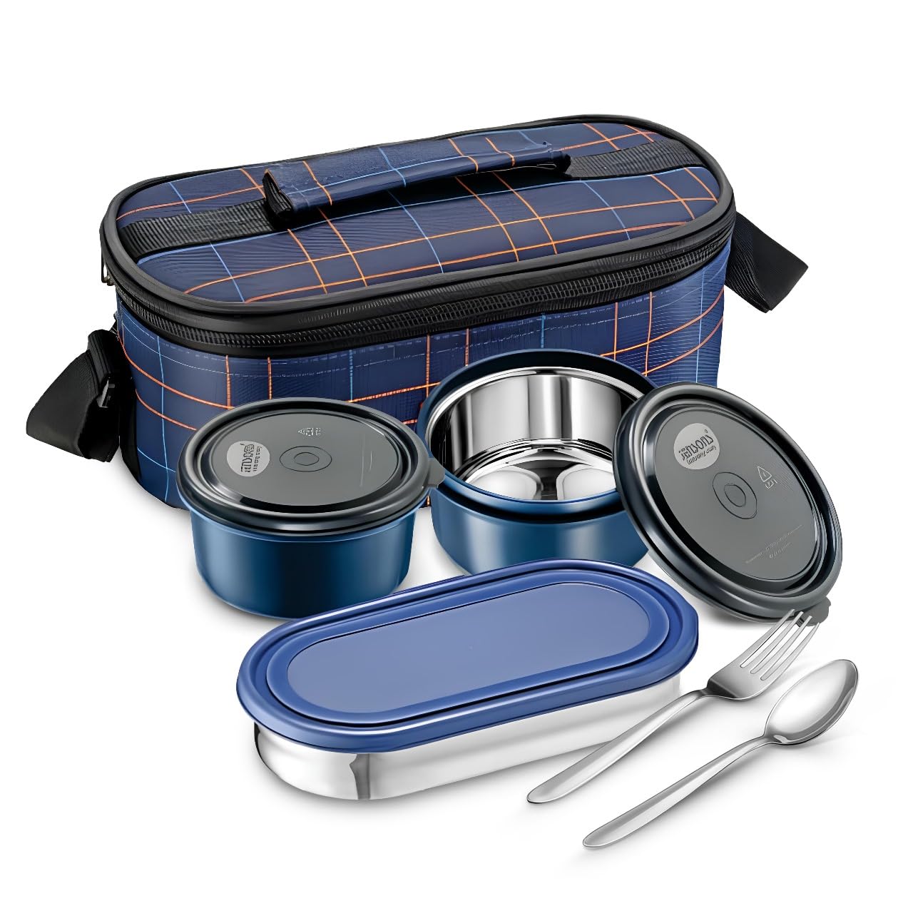 JENSONS Wonder Lunch Box with Steel Cutlery, 2 Microwave Safe and Leak Proof Inner Steel (450 ml) &1 Oval Stainless Steel Container (500 ml) with BPA Free lids Insulated Fabric Bag Blue