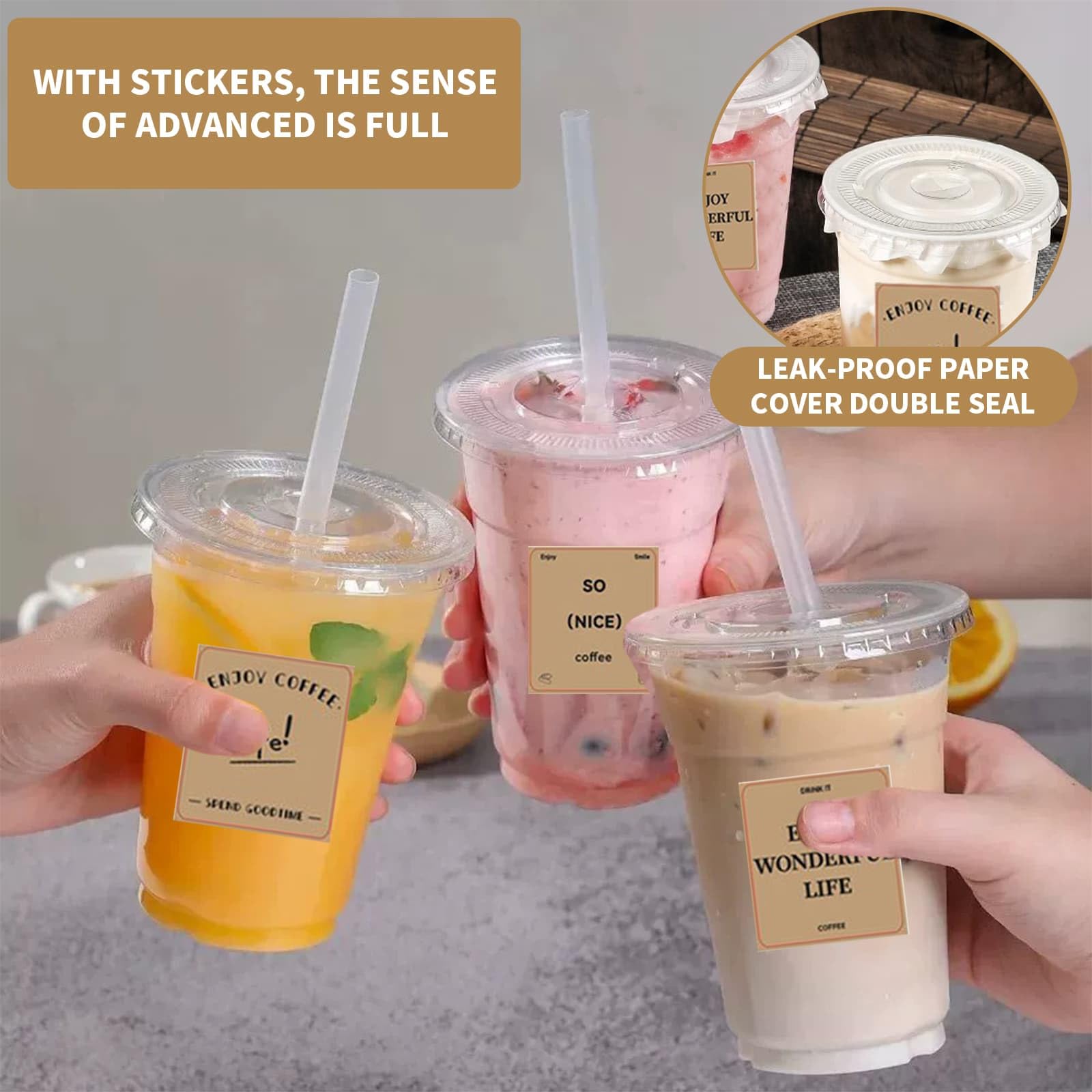 DYUEE Lot de 50 gobelets à smoothie de 500 ml avec couvercles et paille, gobelets recyclables et réutilisables avec papier étanche, gobelets à café transparents pour les boissons en déplacement
