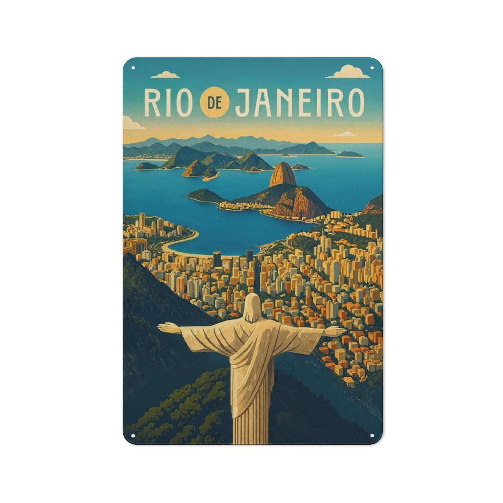 Junmoney Style-18 Vintage Metal Sign 30X20cm Featuring Rio De Janeiro Travel Poster Brazil – Christ & Sugarloaf Sunset, Home Bar Decor For Cafe, Pub, Workshop Or Home Bar