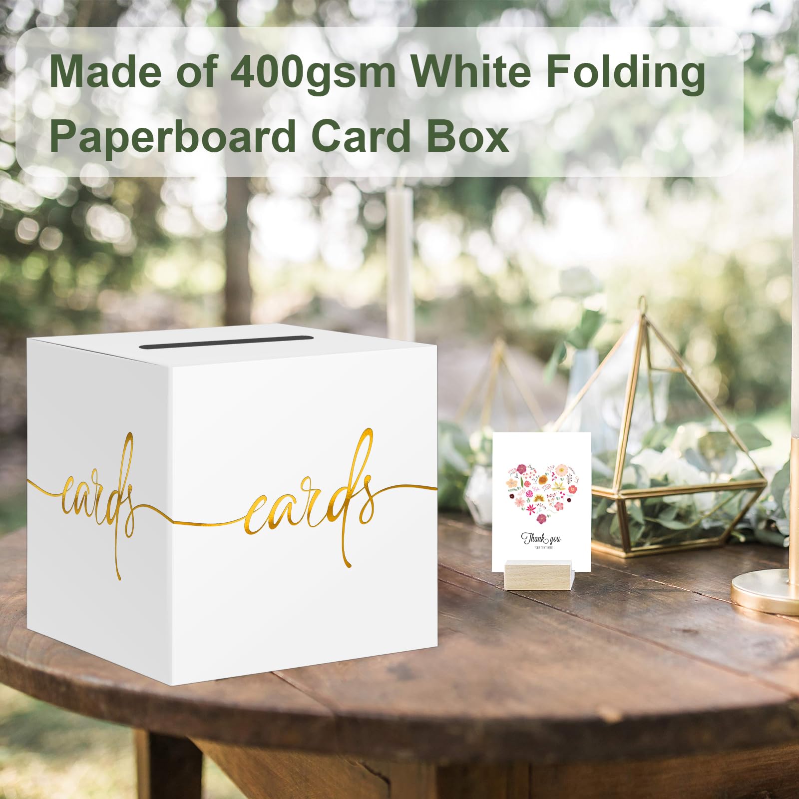 White Card Box with Gold Foil Design, Paperboard 8.7" Card Box for Birthday Wedding Party Graduation Retirement Anniversary Valentine's Day & Baby Showers, Raffle or Money Box