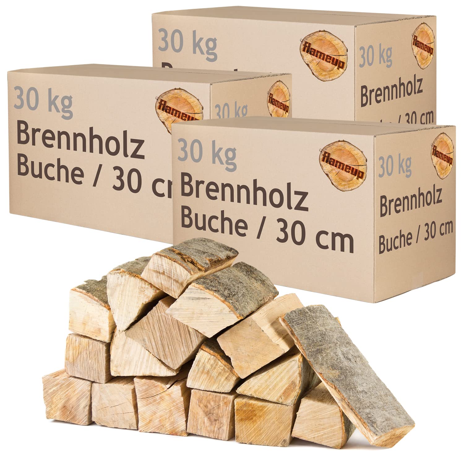 Leña Madera 90 kg para Estufa y Chimenea Brasero Parrilla Cesta de Fuego Troncos de Madera de Haya 30 cm Flameup