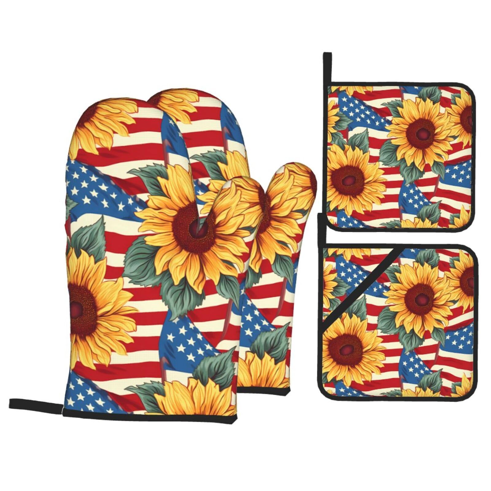 HJFCZH Sunflower American Flag Picture Kitchen Baking Set of 4 Thick Insulated Oven Mitt & Pot Holders, Anti-Scalding for Microwave, Oven, Outdoor BBQ