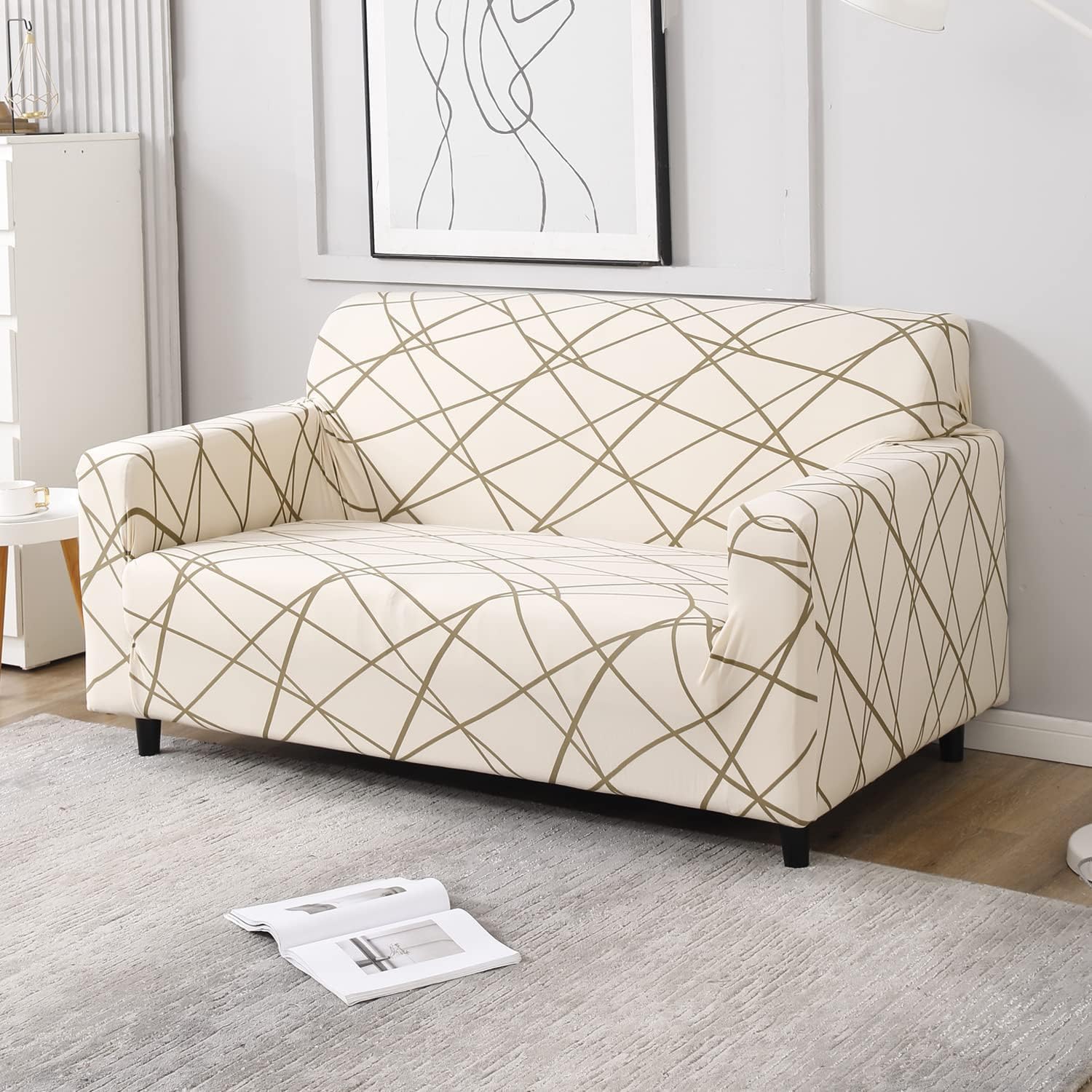 HOKIPO Sofa Cover 2 Seater Fully Covered, Beige Abstract Line