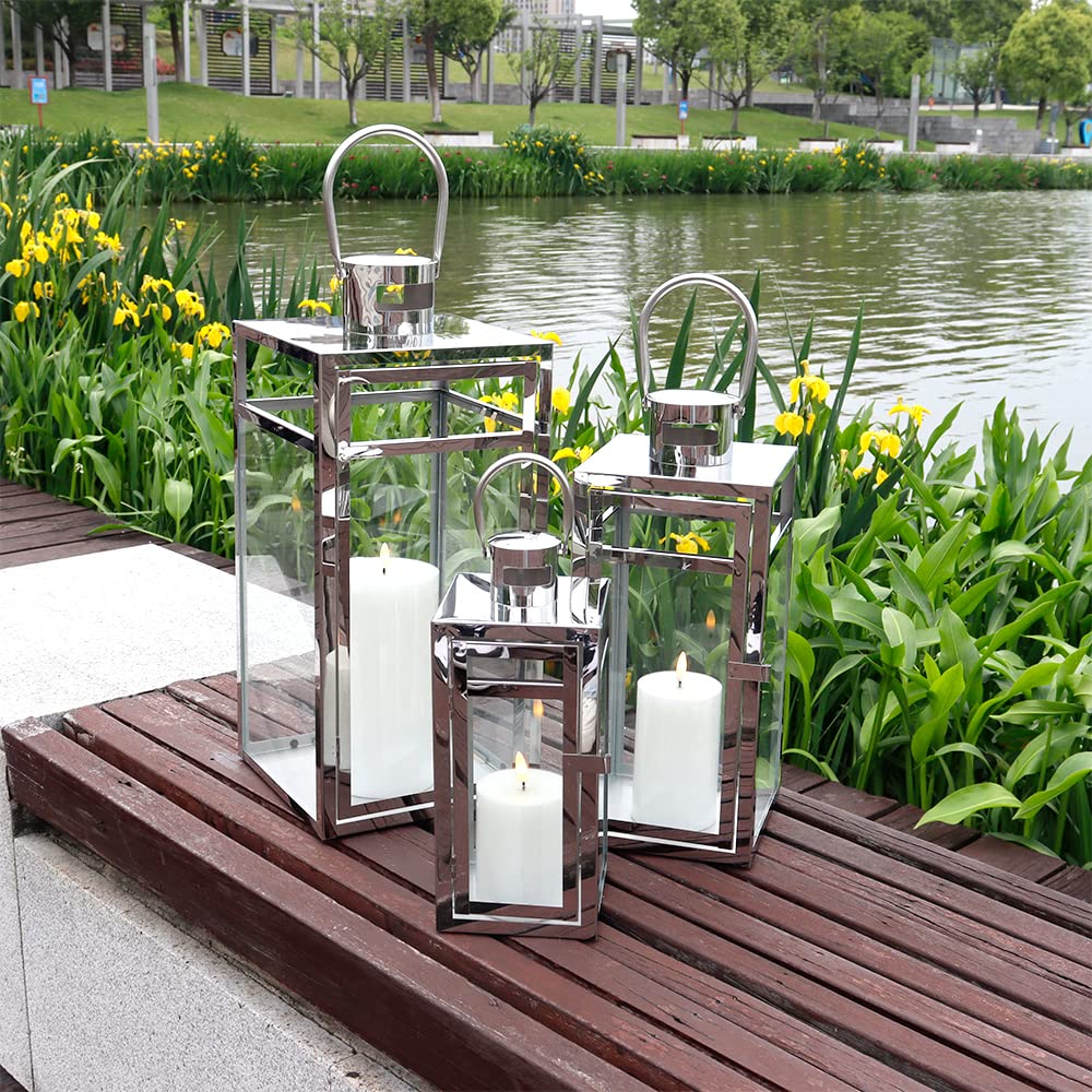 TRIROCKS Set di 3 Lanterne Decorative in Acciaio Inossidabile 48/38/30 cm Alte, Porta Candela Appeso in Metallo con Vetro Trasparente per Decorazioni Casa, Soggiorno (Argento)