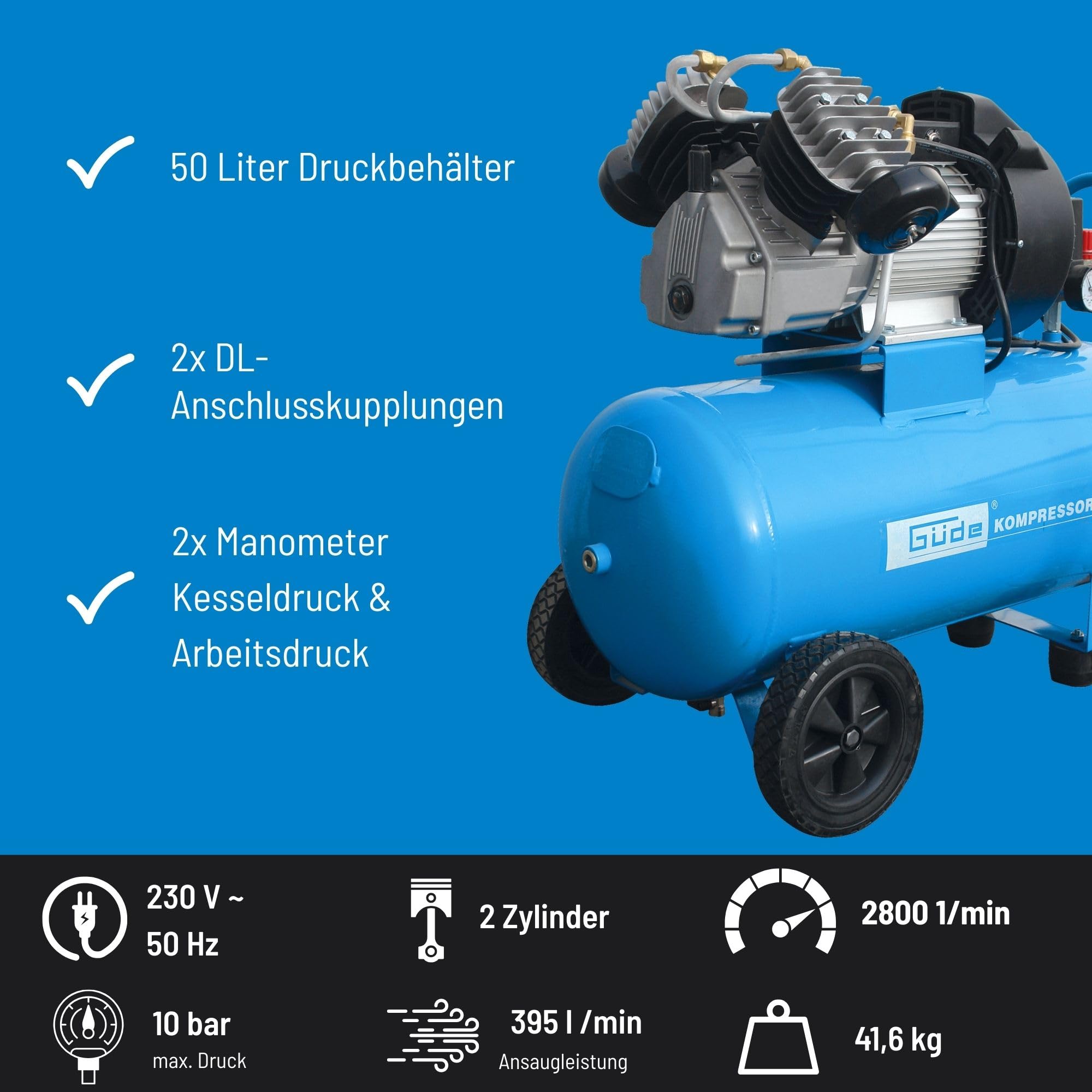 Güde 400/10/50 N Kompressor - 230 Volt, 50 Liter Kessel, 2,2 Kilowatt, max. Druck 10 bar, eff. Liefermenge bei 0 bar 303 l/min, 2-Zylinder-V-Aggregat ölgeschmiert, 2 Manometer, 2 Druckluftkupplungen