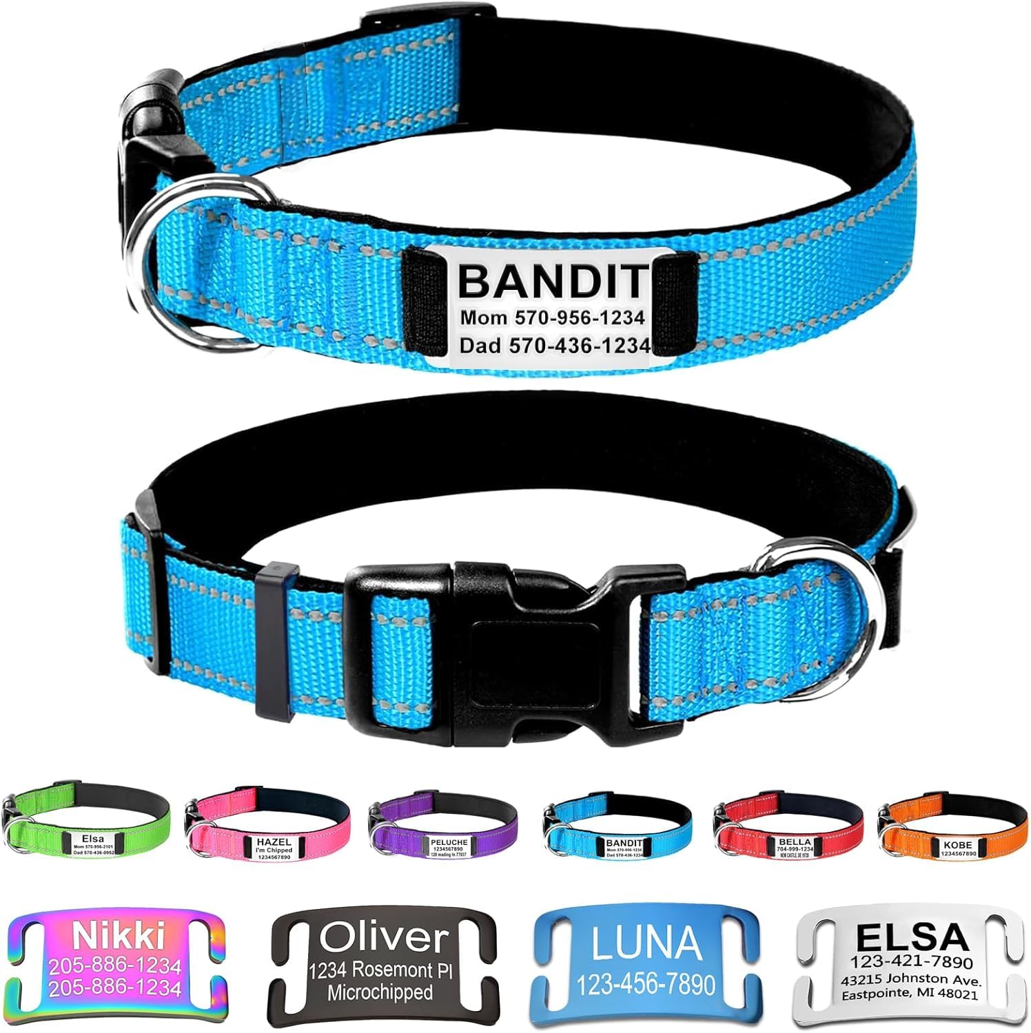 Custom Dog Collars with Name Plate, Engraved Name Plate ID Tags with Reflective Nylon Dog Collar,Soft Neoprene Padded Adjustable Pet Collar for Small Medium Large Dogs,XL Sky Blue