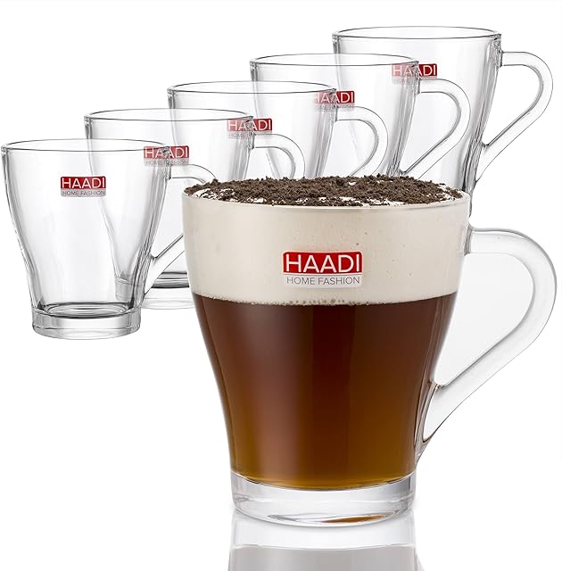 HAADI Glass Coffee Mugs for Hot & Cold Drinks with Handles Set of 6 - 260ml Double Espresso Clear Tea Latte Cup Durable, Dishwasher Safe, Rolled Rim & Thick Bottom