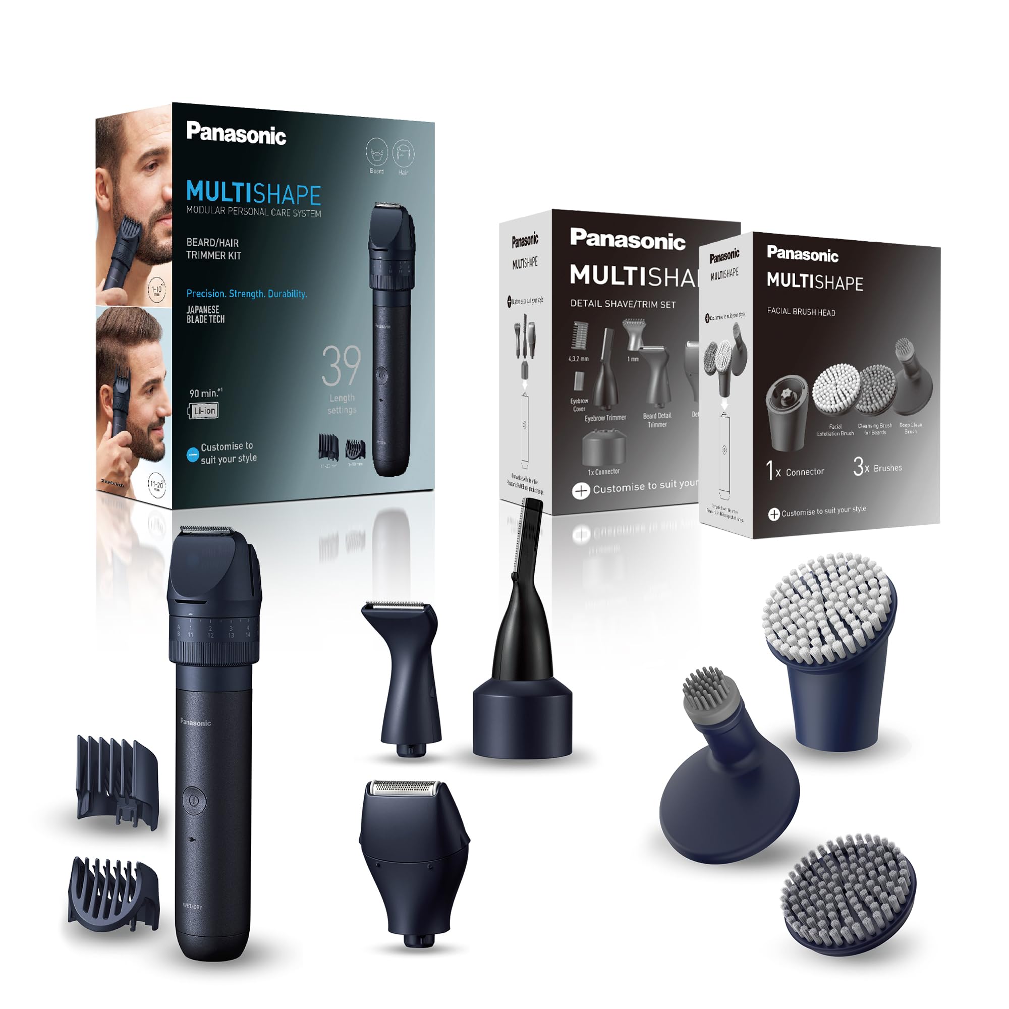 Panasonic MULTISHAPE ER-CKL1, ER-CFB1 & ER-CDT1 Set: tagliacapelli e barba, spazzola per pulizia viso, accessori per rasatura e taglio capelli, batteria ricaricabile agli ioni di litio, nero
