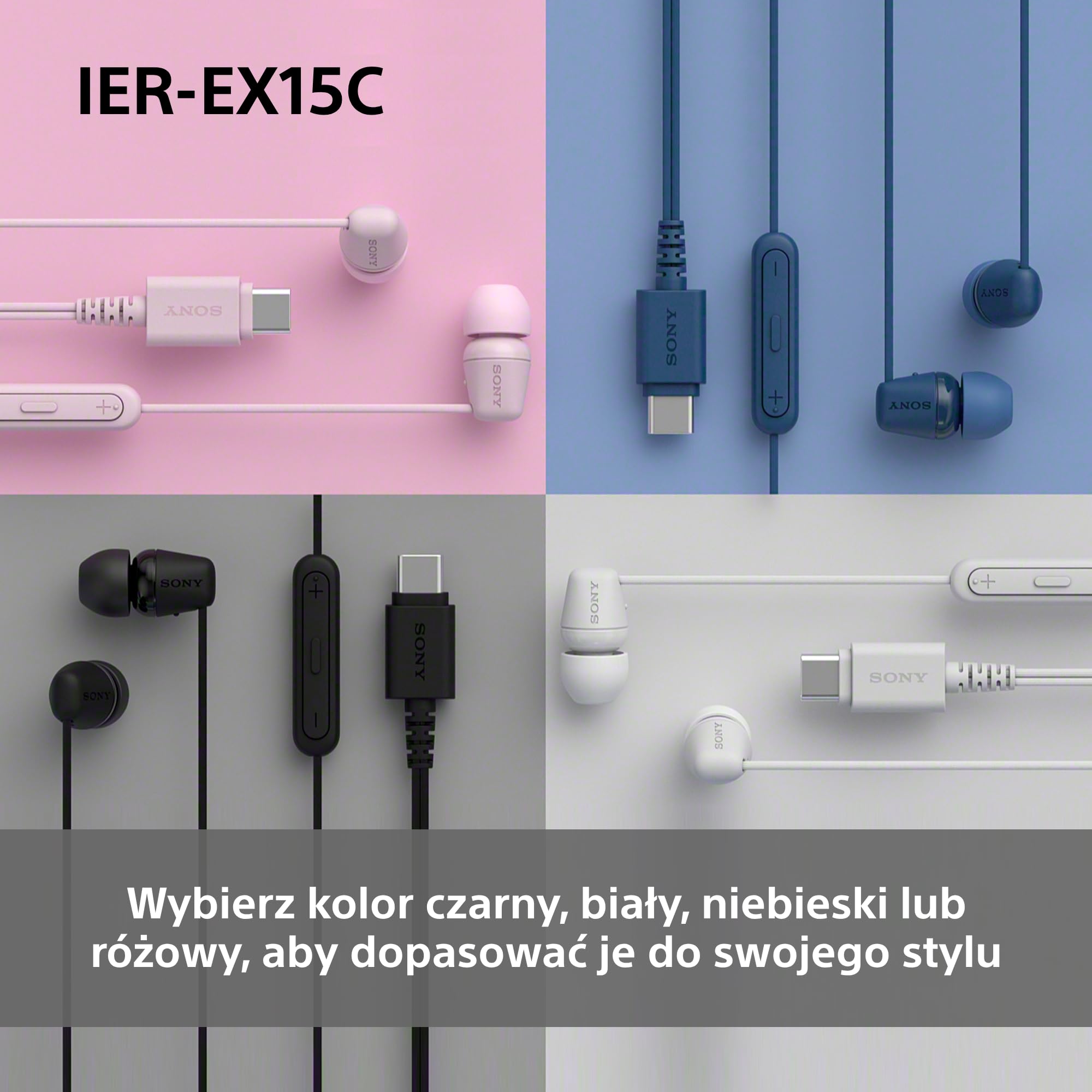 Przewodowe słuchawki douszne Sony IER-EX15C USB-C z mikrofonem - słuchawki douszne do Android, iPhone, laptopa i komputera - nieplączący się kabel, czysty dźwięk - do podróży i na co dzień - niebieski