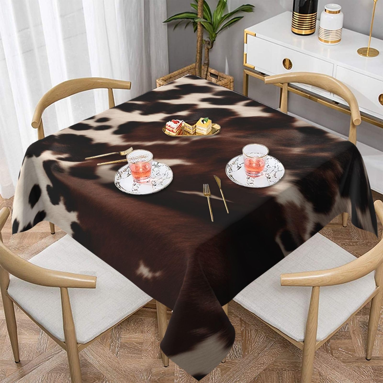WPKJU Brown Cowhide Printed Square Tablecloth 54x54 inch Water Resistant Table Cover Washable Rectangle Table Cloth for Dining Tables