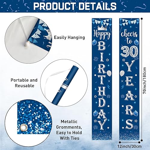 Vista 2 de Kit de decoración de 30 cumpleaños azul y plateado, cartel de 30 cumpleaños para puerta, porche, cartel de fondo, pancarta de feliz cumpleaños 30