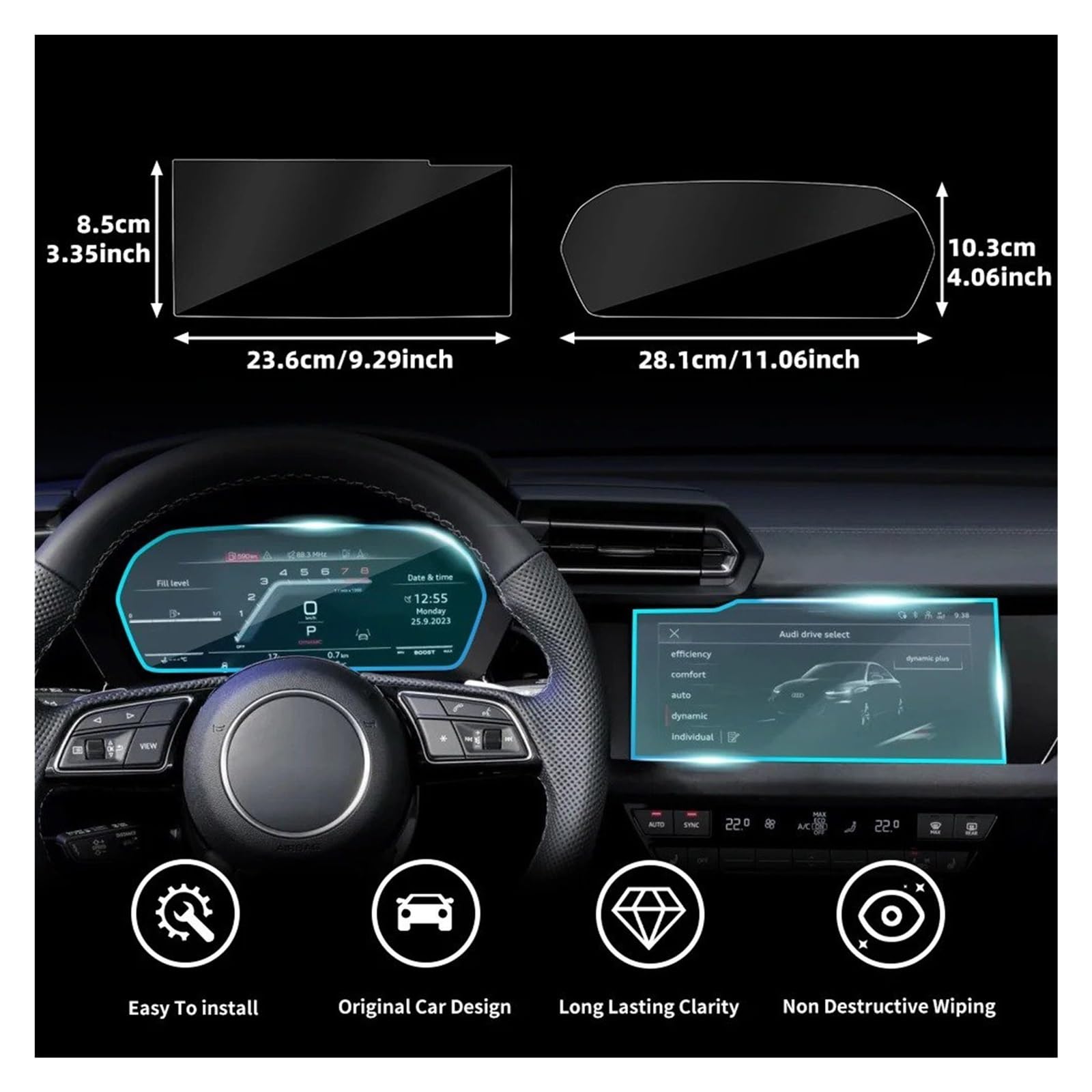 Displayschutzfolie für Autonavigationssystem Audi A3 2023-2024, gehärtetes Glas, Schutzfolie Mittelkonsole, GPS-Navigationsbildschirm, Armaturenbrett, Schutzdisplay (12,3 Zoll)