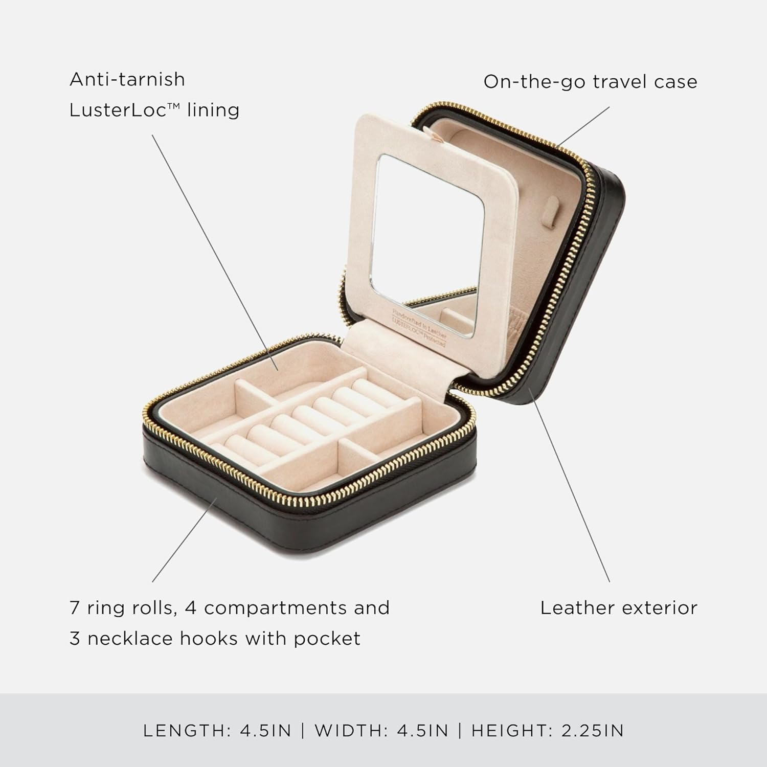 WOLF Caroline Zip Travel Case, Black - Seven Ring Rolls, Four Compartments, Three Necklace Hooks & Pocket - Anti-Tarnish LusterLoc Lining - Image 4