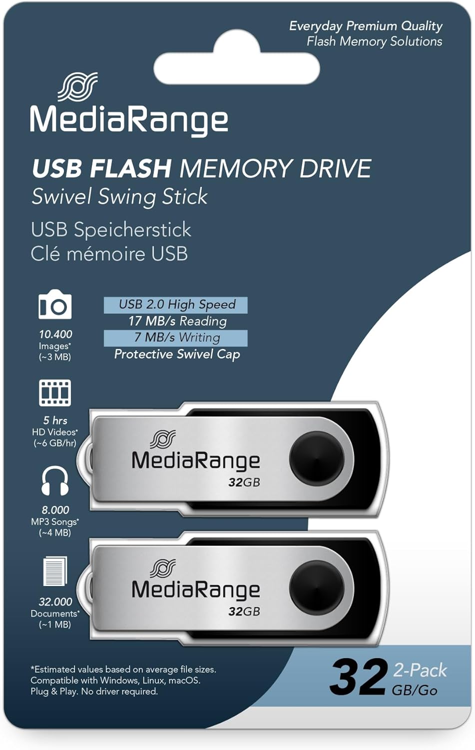 MEDIARANGE USB 32GB Flash Drive USB 2.0 Pack 2