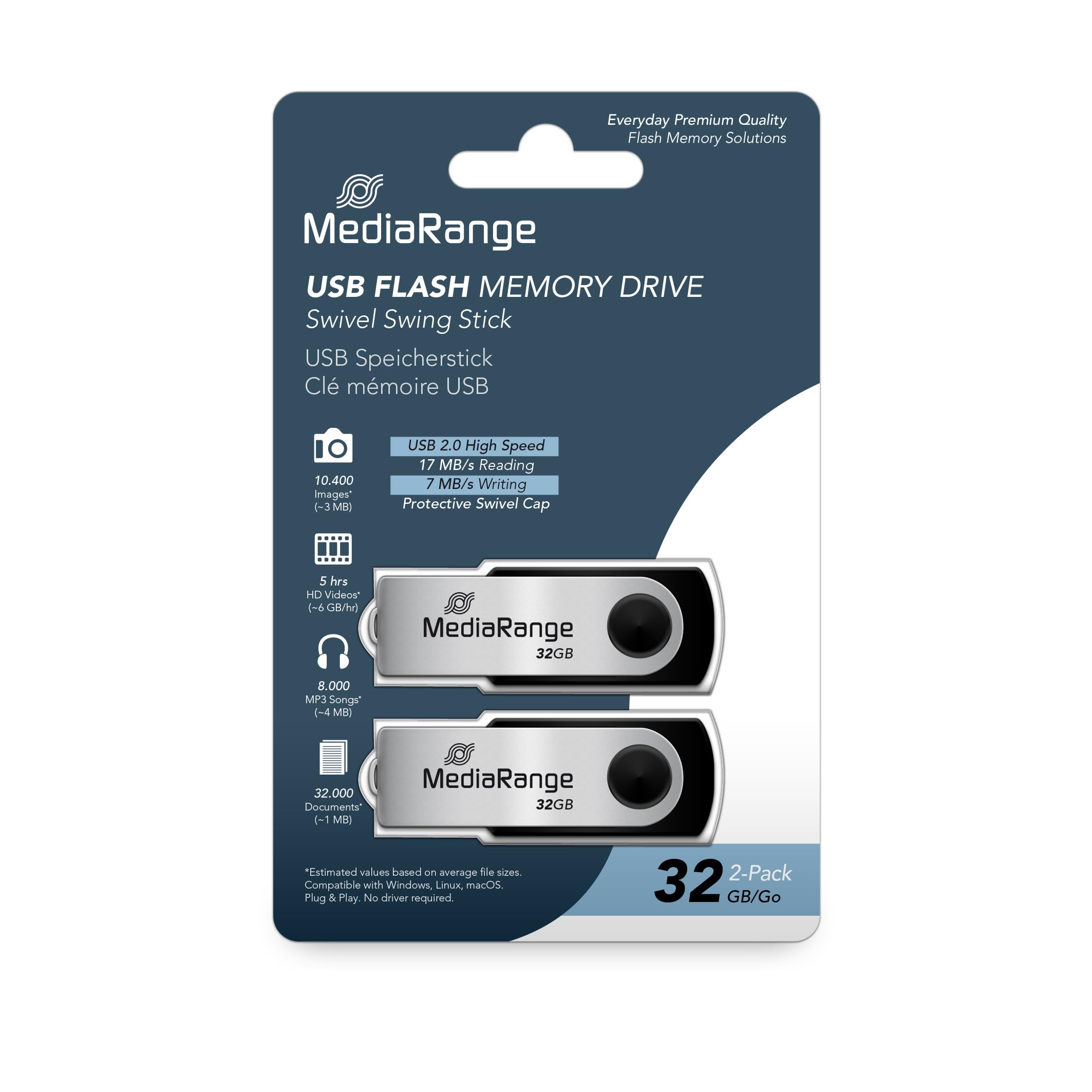 MEDIARANGE USB 32GB Flash Drive USB 2.0 Pack 2