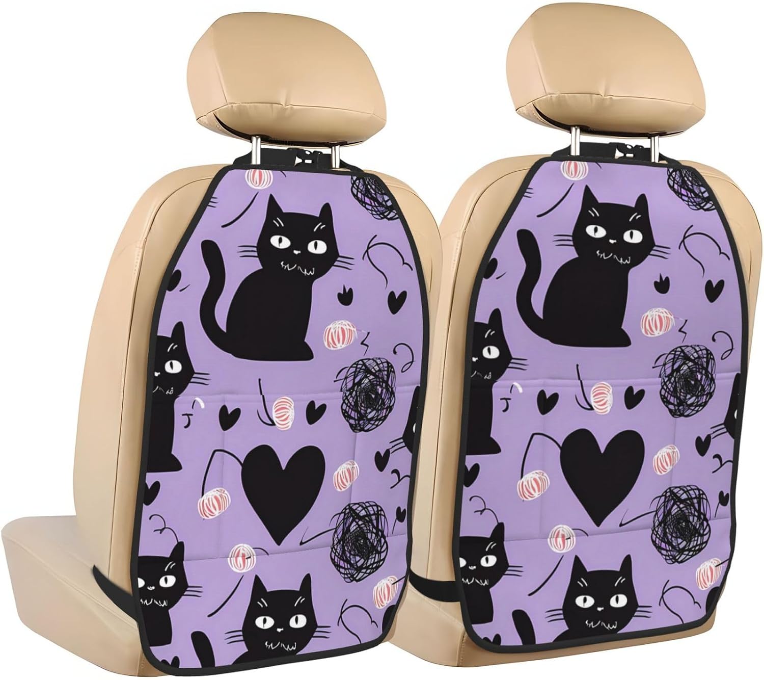 Car Seat Back Kick Protector 2 Pack 18.5" x 26.4", Cute Black Cats & Yarn Balls on Purple Background Upgraded Large Rear Seat Cover for Dirty Shoes Kids Pets, Waterproof Oxford Fabric Anti-Kic