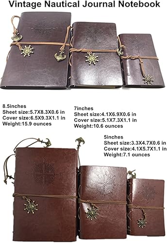 Vista 3 de Ailifly Cuaderno de escritura de cuero náutico vintage, hojas sueltas en blanco, recargable, diario de viaje en relieve, cuaderno en espiral