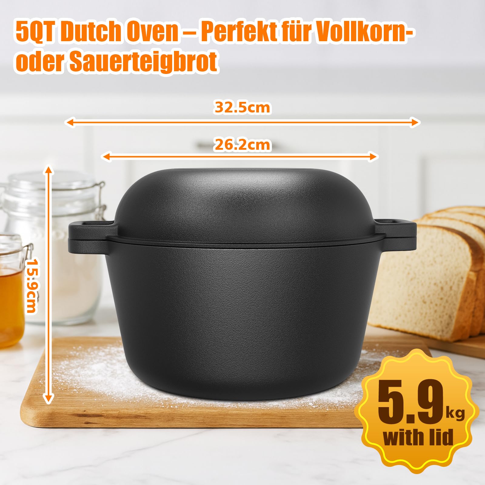 GFTIME Gusseisen Topf 26cm Brot Backen inkl. Brotbackform mit Deckel inkl. Gärkorb - Robuste Brotbackform mit Deckel - Idealer Brottopf, Brotbacktopf, Gusseisentopf Brotform, Toastbrot Backform