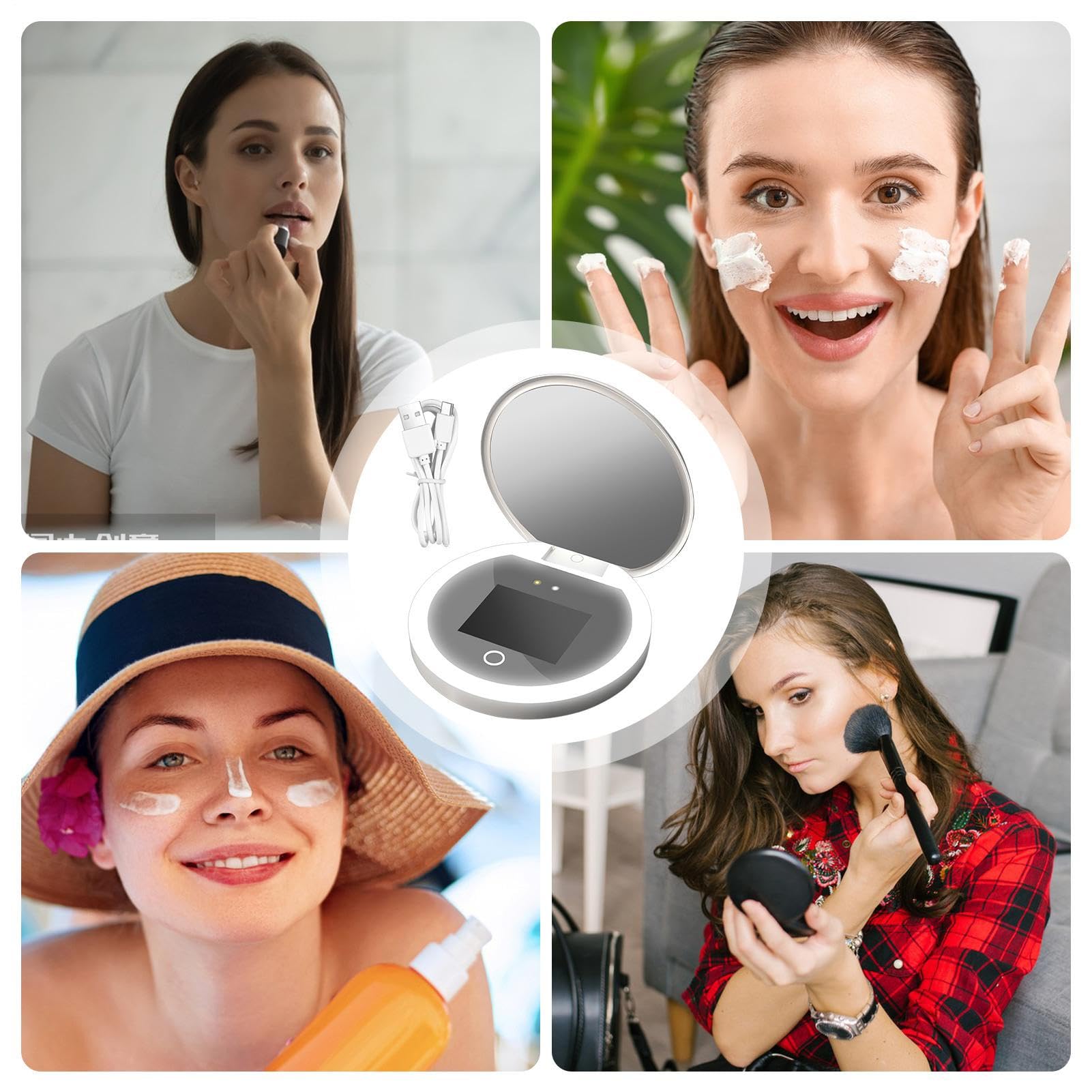 Specchio Per Trucco UV Per Crema Solare Intelligente, Specchio Per Trucco Illuminato Da Viaggio In Ingradamento 2x, Fotocamera UV Compatta Piegabile Per Test Per Protezione Solare, Lente Per Trucco
