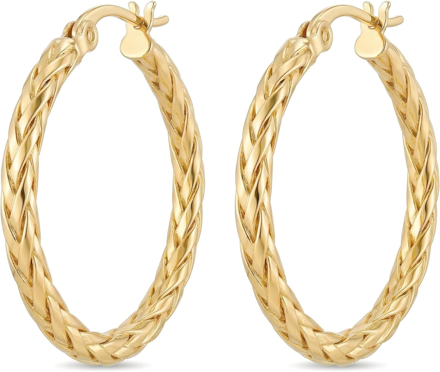 14k Yellow Gold Braided Hoop Earrings for Women, 4mm x 30mm Chunky Textured Twist Fringe Hypoallergenic Womens Hoops Earring, Classic Fashion Daily Wear Jewelry