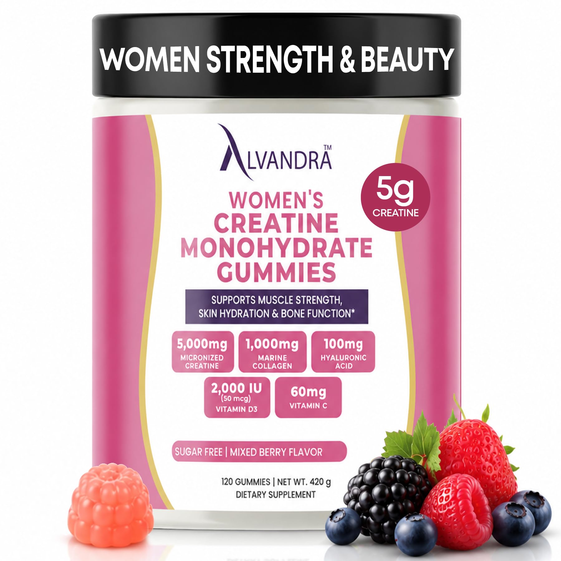 ALVANDRA — Gomas de creatina monohidratada com colágeno, 5000 mg de creatina, 120 gomas