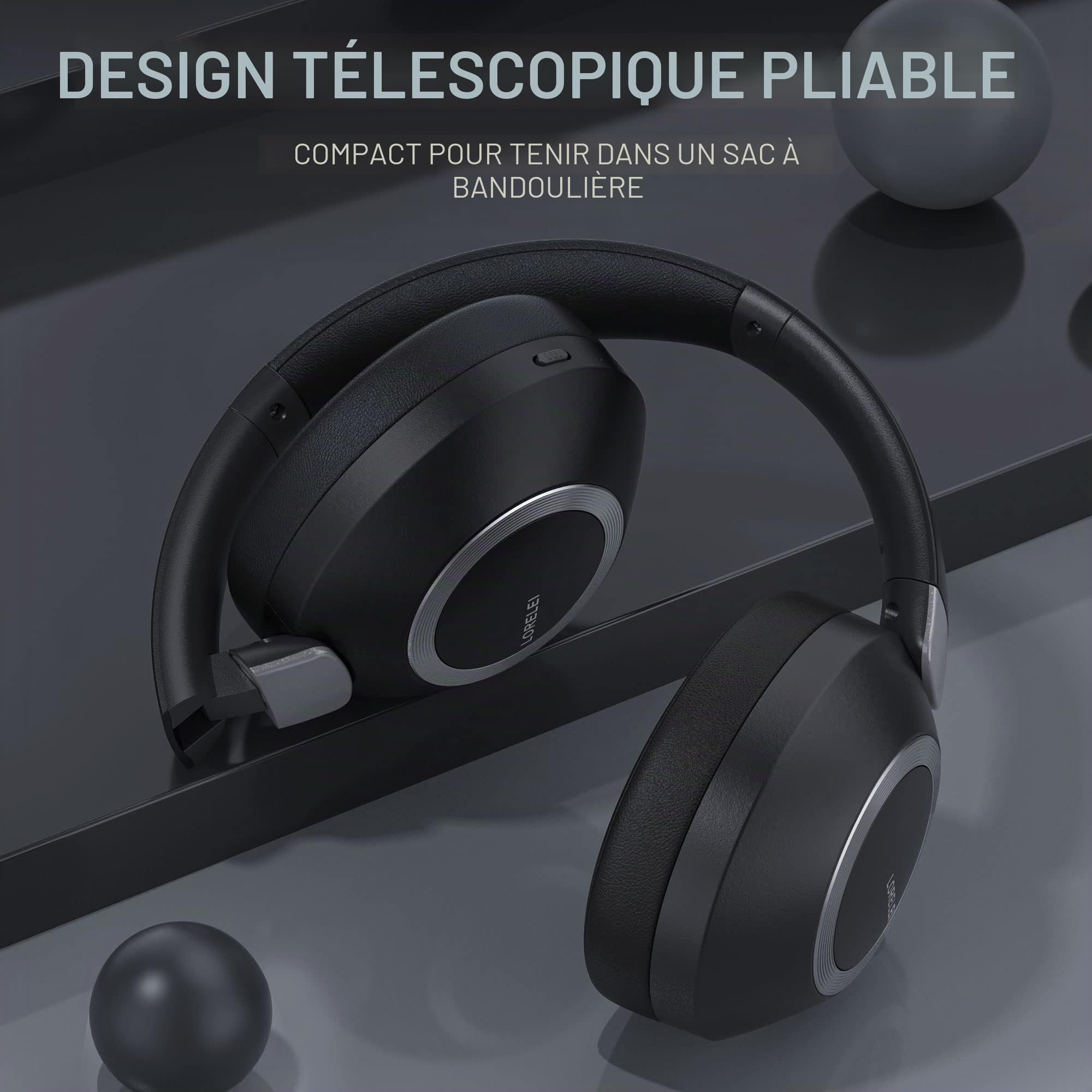 LORELEI B-C6 Casque sans fil supra-auriculaire, 50H Playtime Casque Bluetooth pliable et léger, basses profondes, microphone intégré, cache-oreilles en mousse à mémoire de forme, pour les voyages