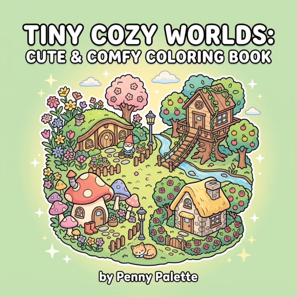 Tiny Cozy Worlds: Cute & Comfy Coloring Book for Adults and Teens with Adorable Homes, Whimsical Gardens, and Aesthetic Cafes
