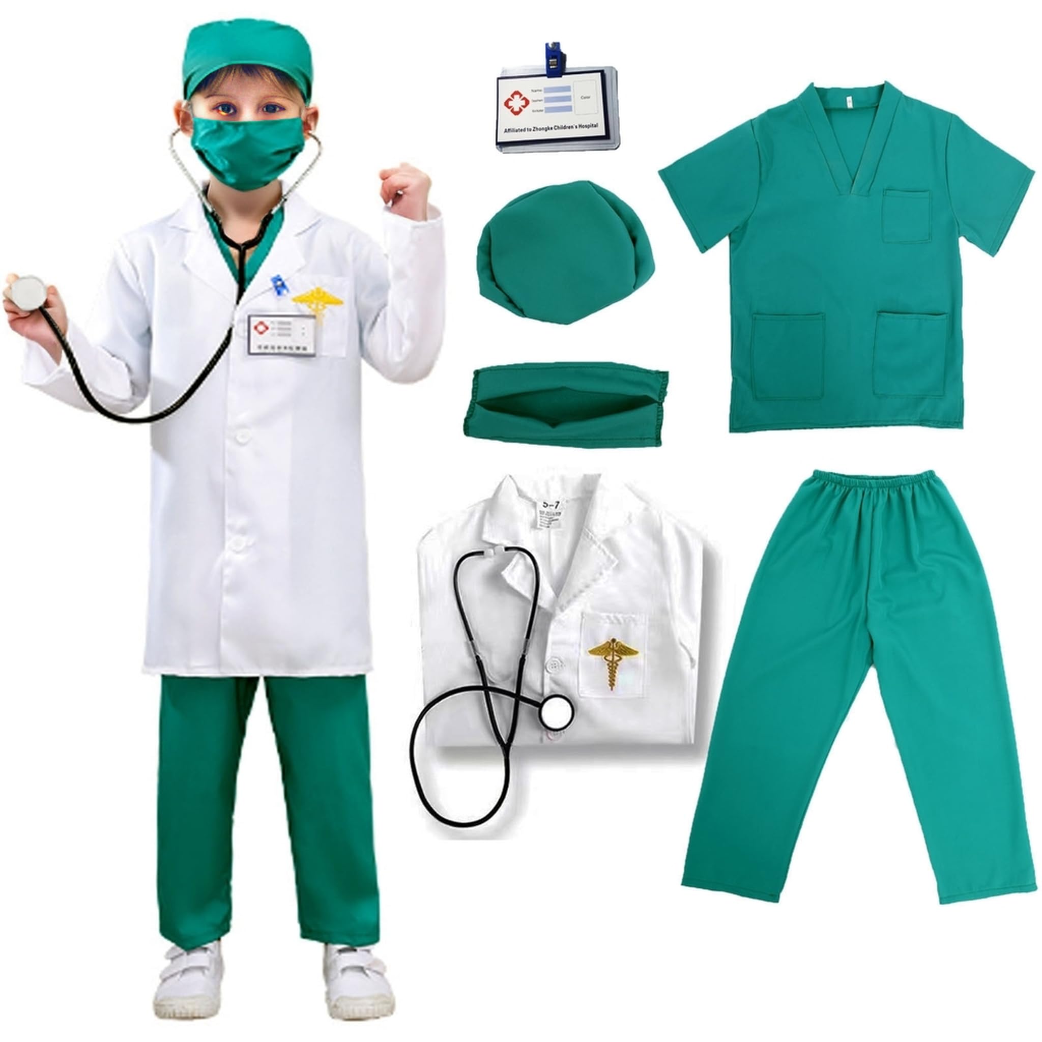 VNNOPG Kids Doctor Costume Doctors Nurse Outfit Set Child Role Play Costumes Fancy Dress Up Playsets with Lab Coat,Stethoscope,Mask and Scrubs Costume(150)